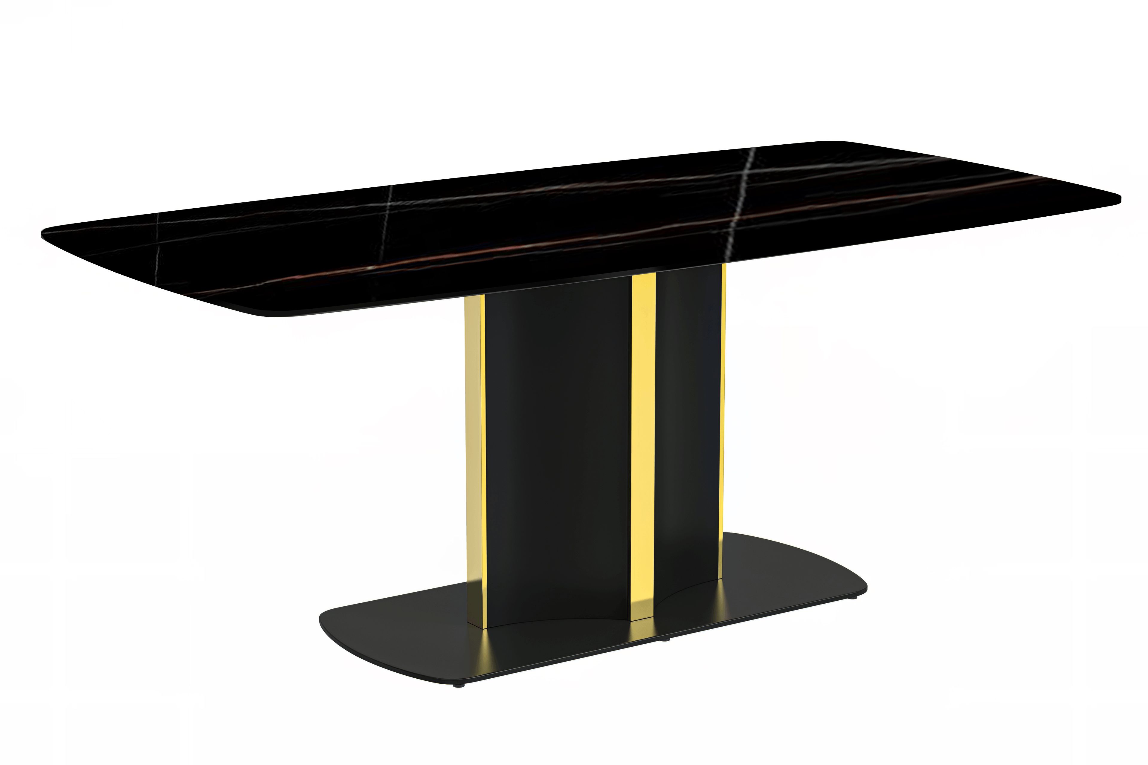 LeisureMod Sylva Modern 55" Rectangular Dining Table with Glass Top and Gold Steel Pedestal Base