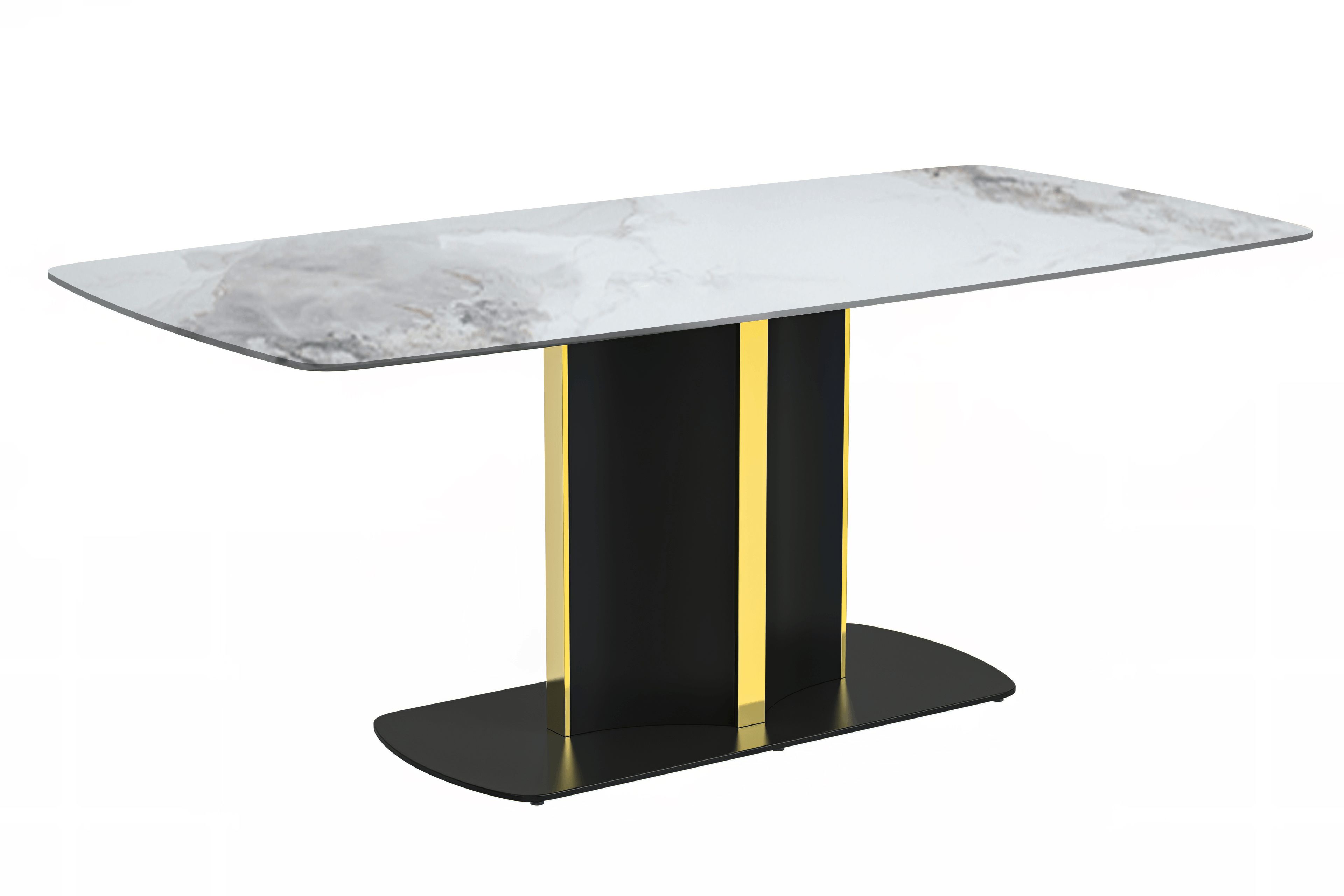 LeisureMod Sylva Modern 55" Rectangular Dining Table with Glass Top and Gold Steel Pedestal Base