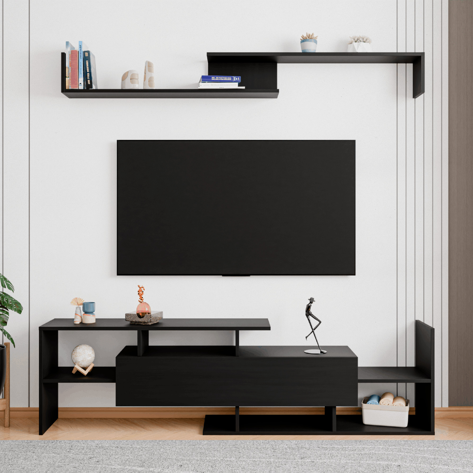 LeisureMod Surrey Modern TV Stand with MDF Shelves and Bookcase - Ebony