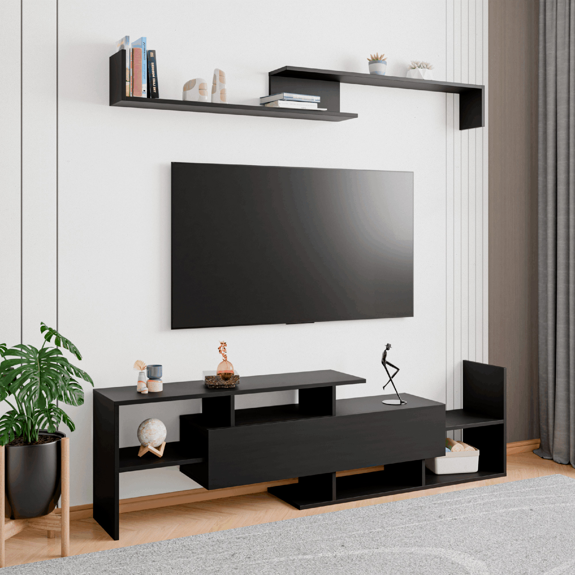 LeisureMod Surrey Modern TV Stand with MDF Shelves and Bookcase - Ebony