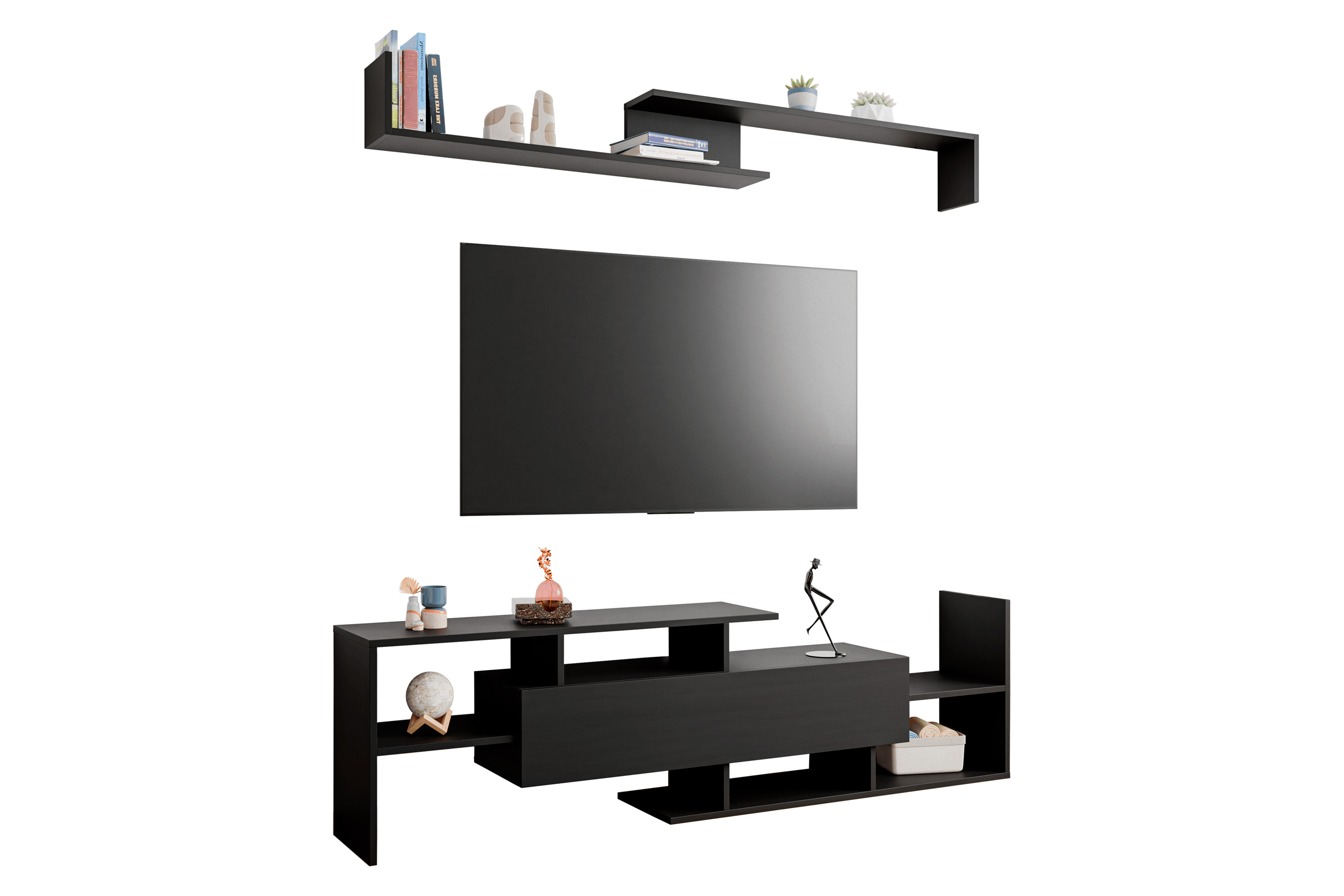 LeisureMod Surrey Modern TV Stand with MDF Shelves and Bookcase - Ebony