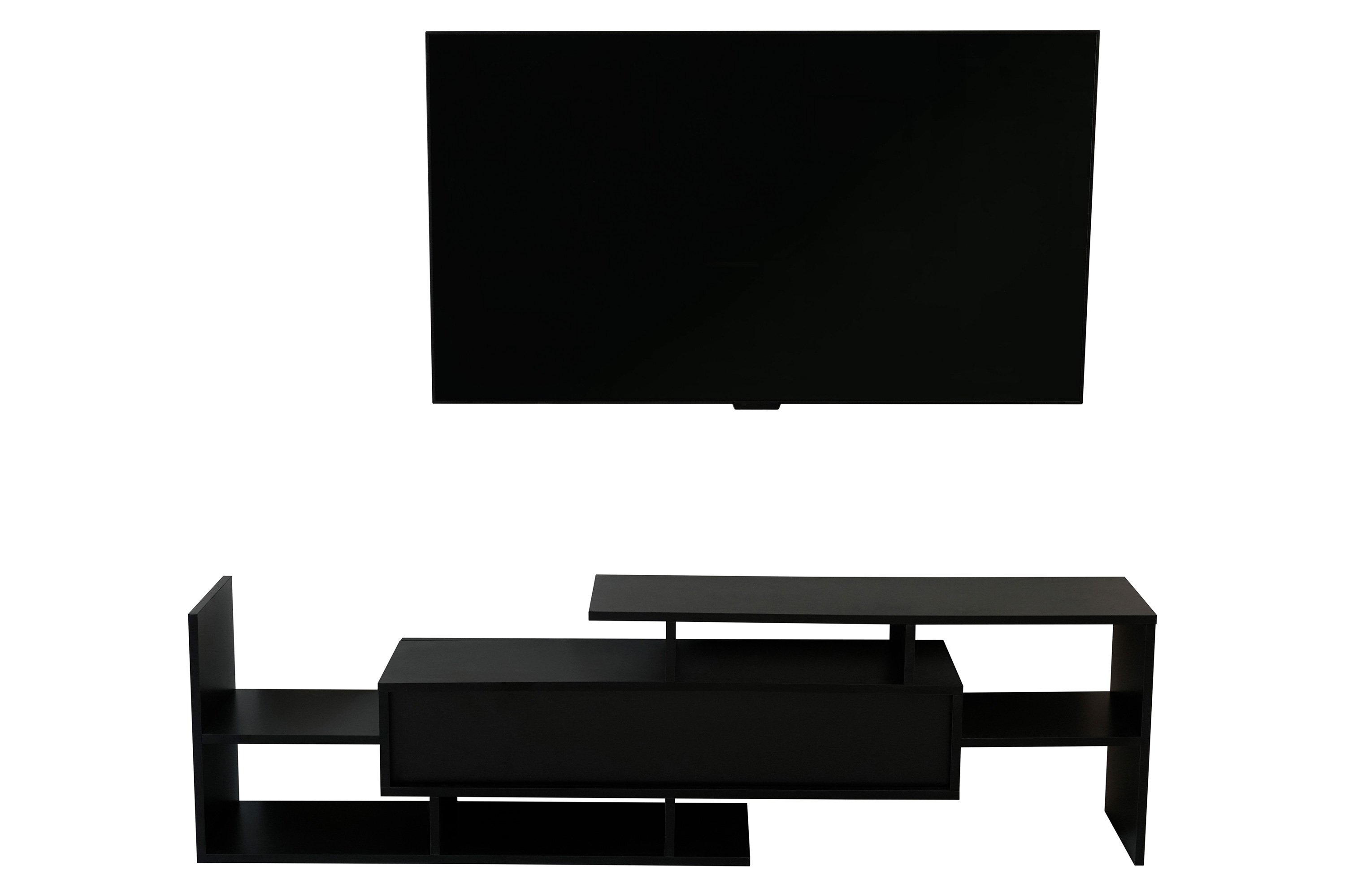 LeisureMod Surrey Modern TV Stand with MDF Shelves and Bookcase - Ebony