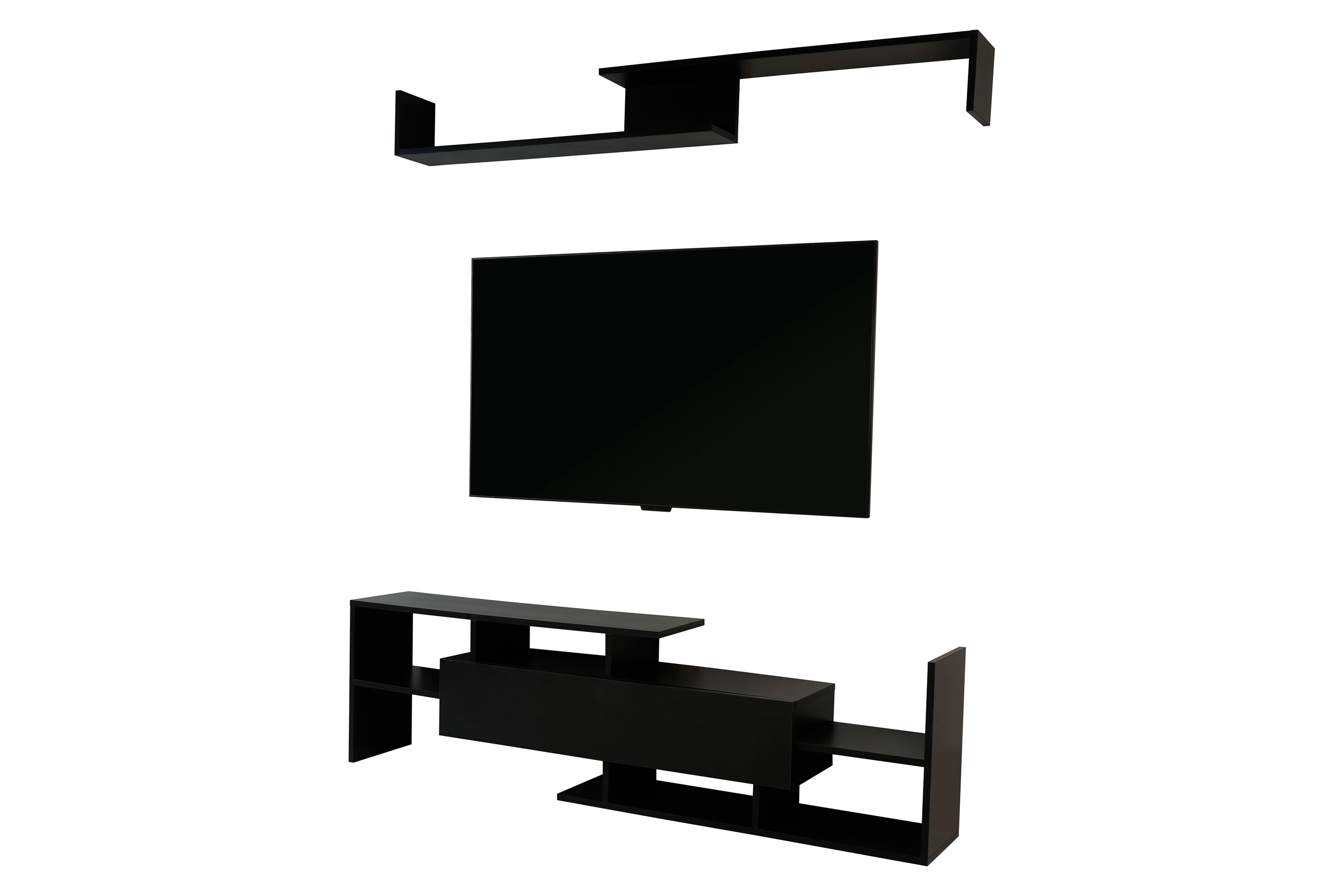 LeisureMod Surrey Modern TV Stand with MDF Shelves and Bookcase - Ebony