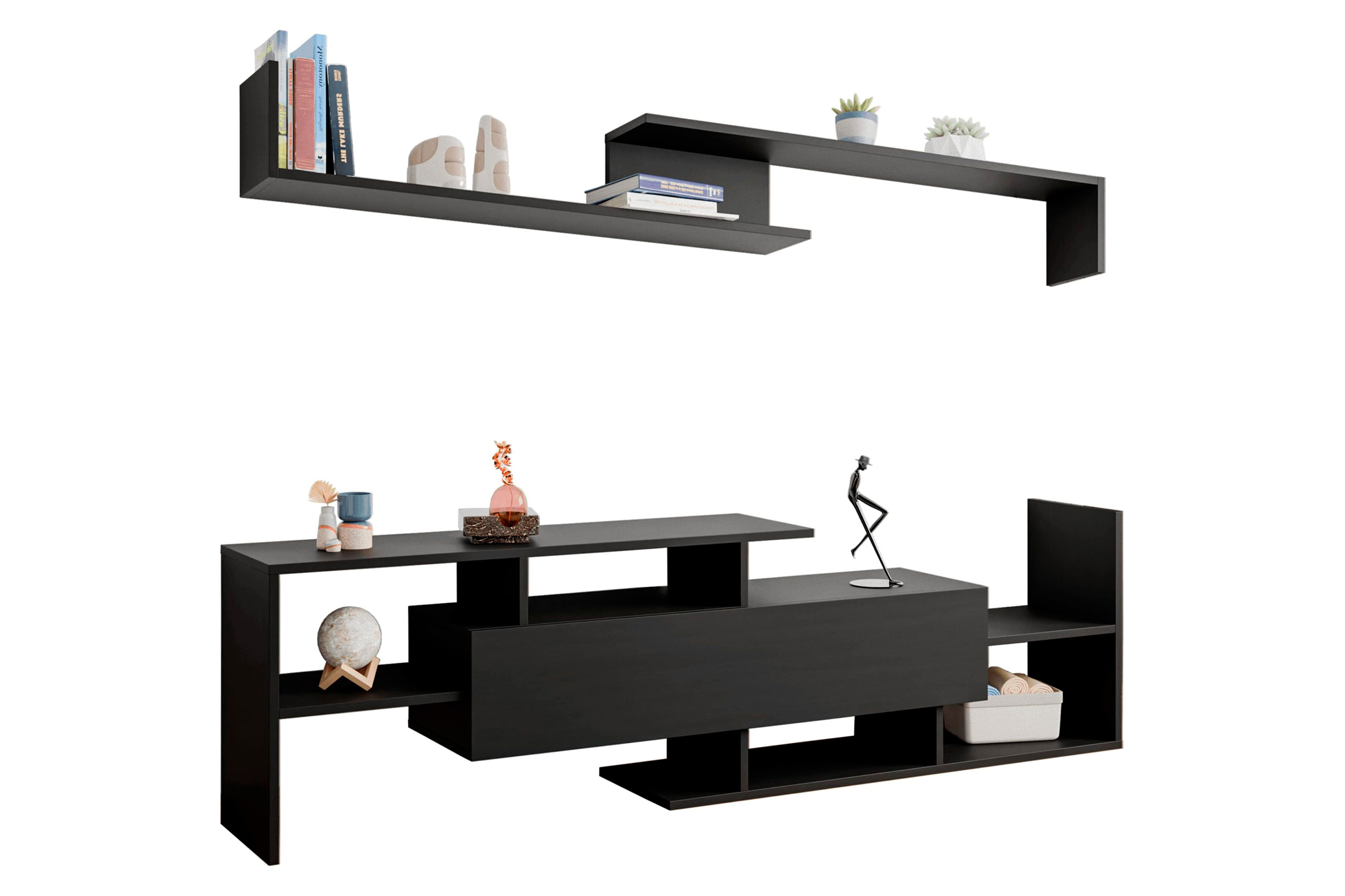 LeisureMod Surrey Modern TV Stand with MDF Shelves and Bookcase - Ebony