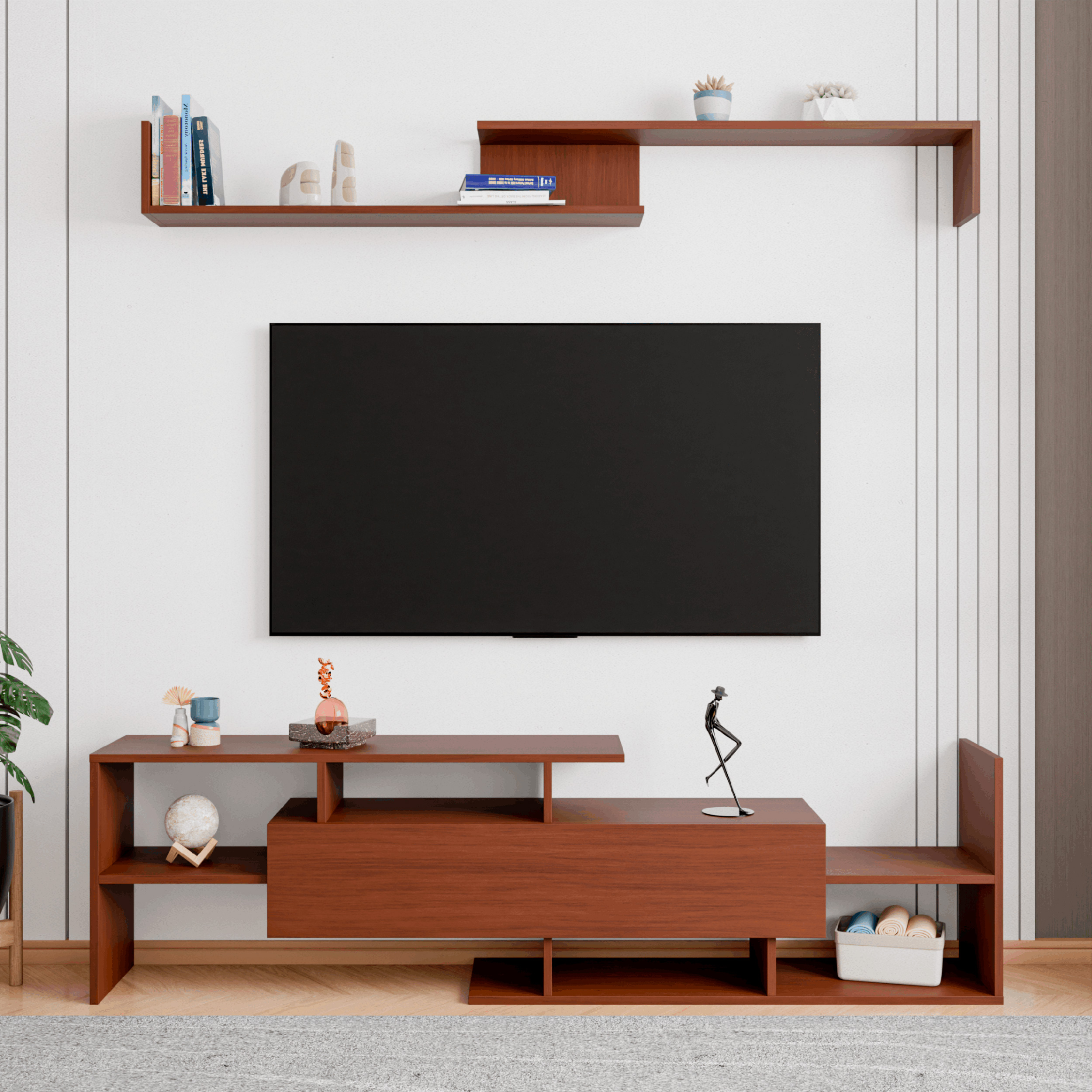 LeisureMod Surrey Modern TV Stand with MDF Shelves and Bookcase - Walnut