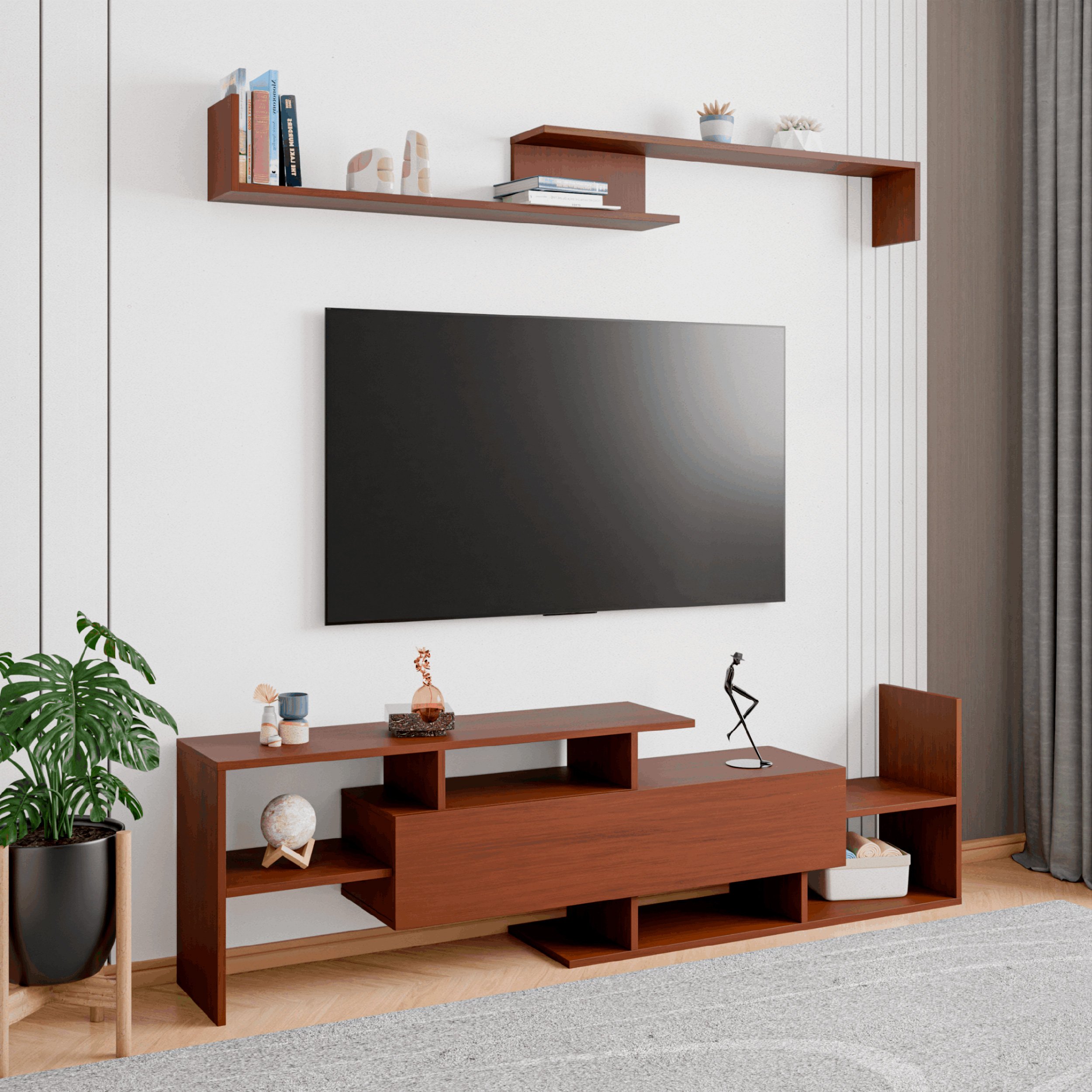 LeisureMod Surrey Modern TV Stand with MDF Shelves and Bookcase - Walnut