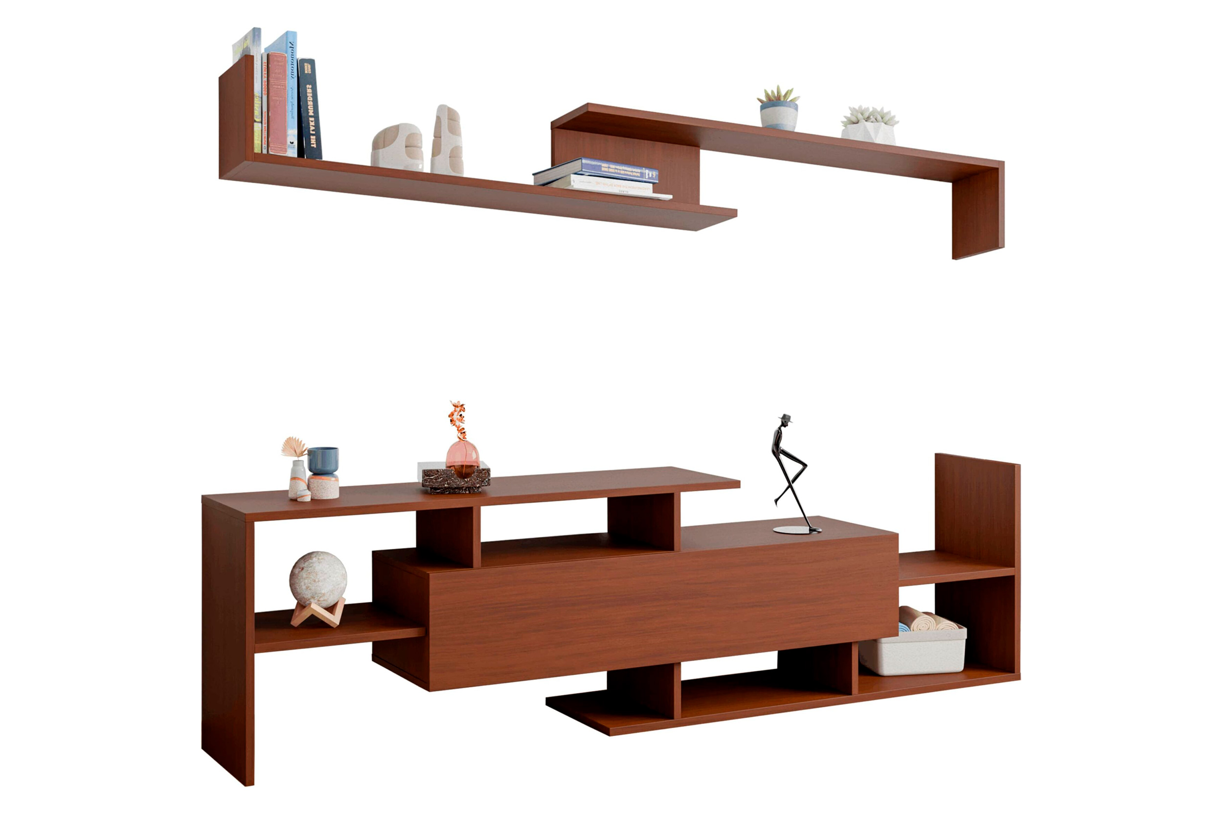 LeisureMod Surrey Modern TV Stand with MDF Shelves and Bookcase - Walnut