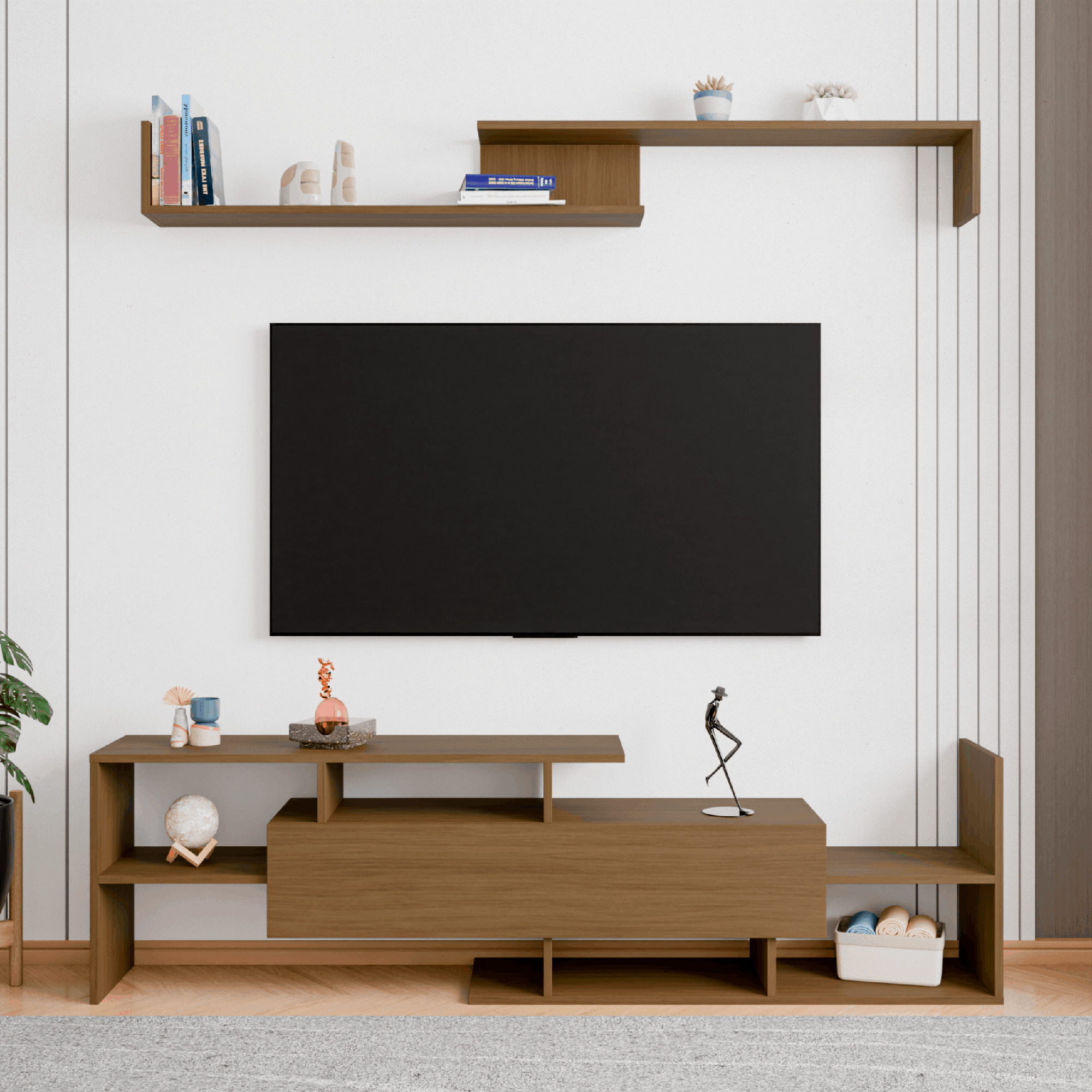 LeisureMod Surrey Modern TV Stand with MDF Shelves and Bookcase - Oak Wood