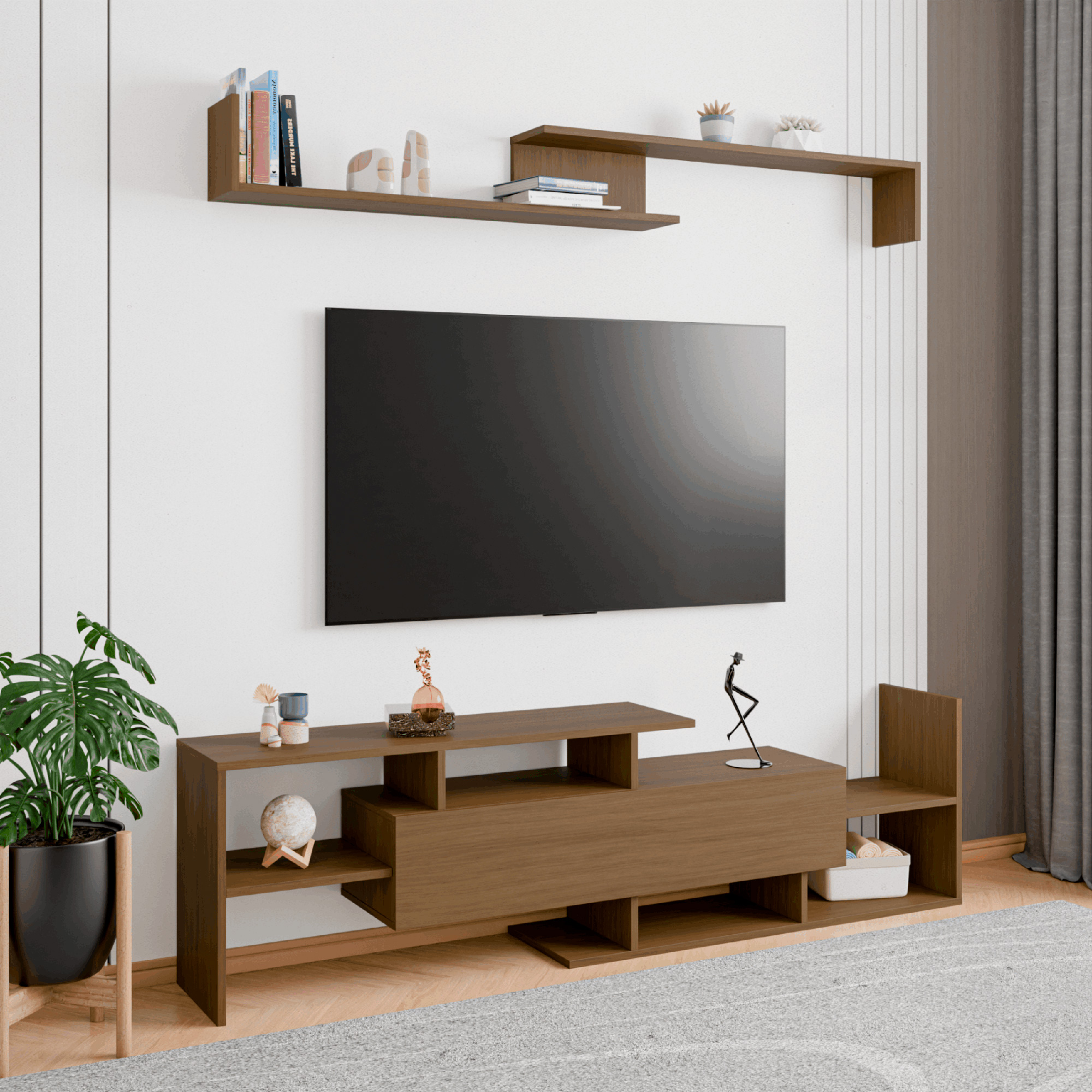 LeisureMod Surrey Modern TV Stand with MDF Shelves and Bookcase - Oak Wood