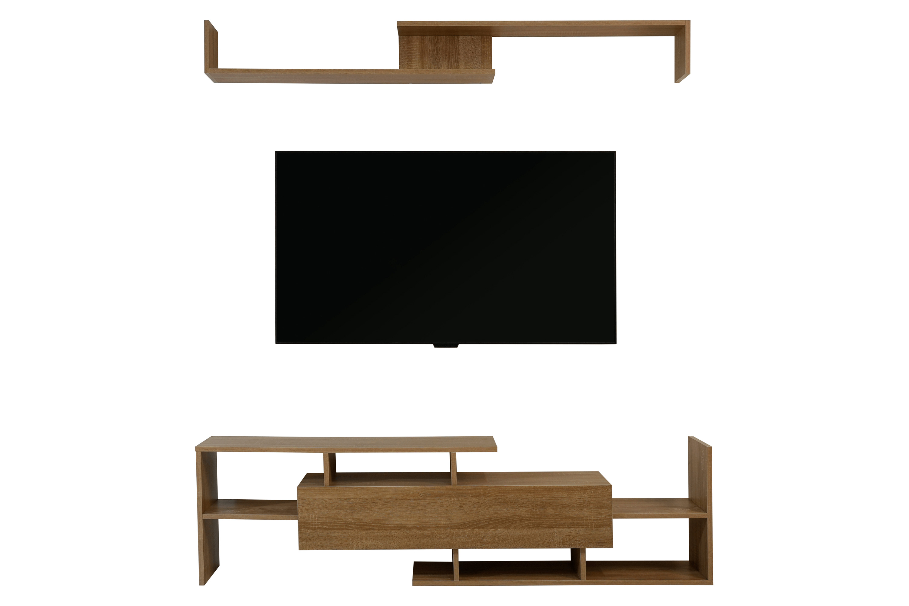 LeisureMod Surrey Modern TV Stand with MDF Shelves and Bookcase - Oak Wood