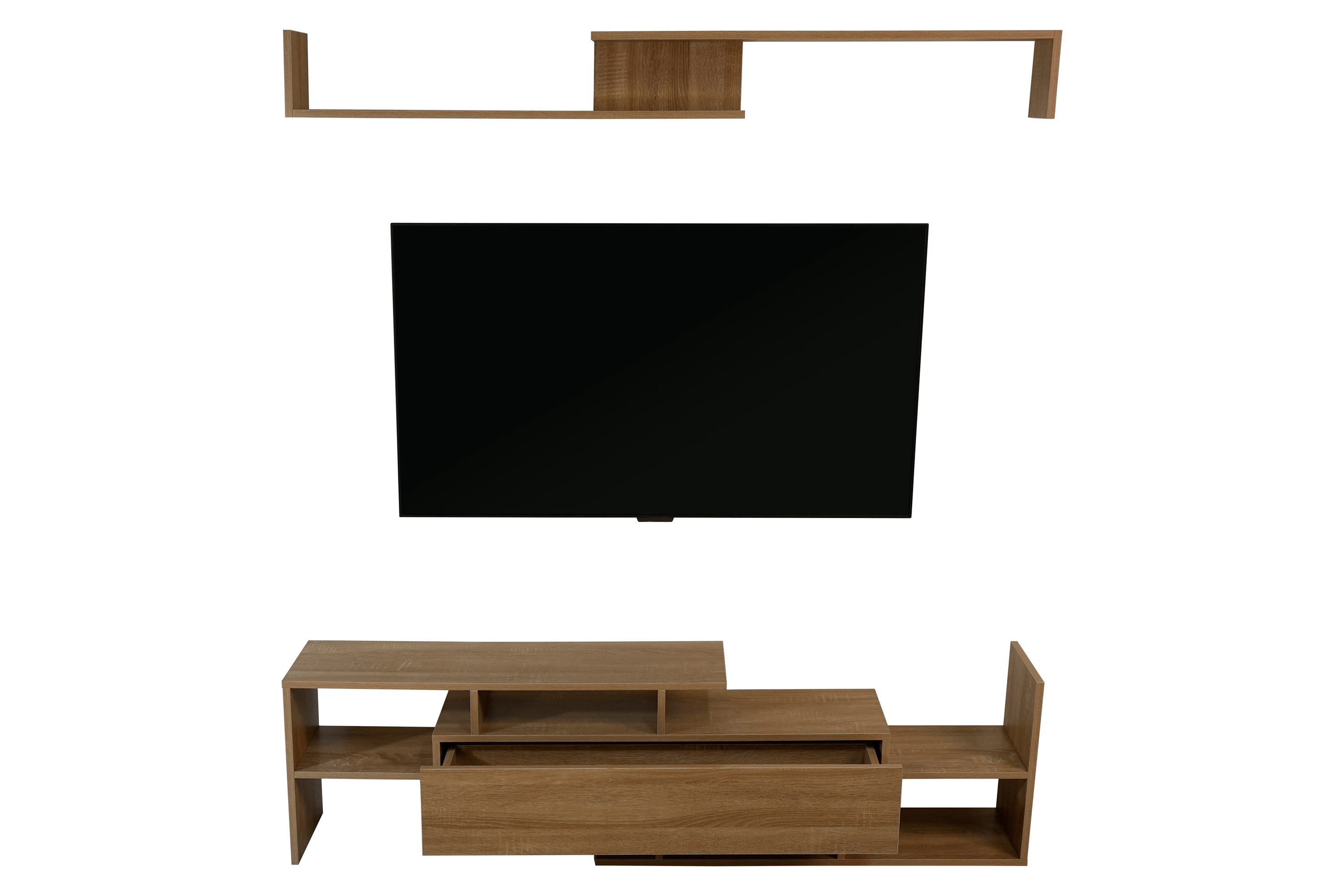 LeisureMod Surrey Modern TV Stand with MDF Shelves and Bookcase - Oak Wood