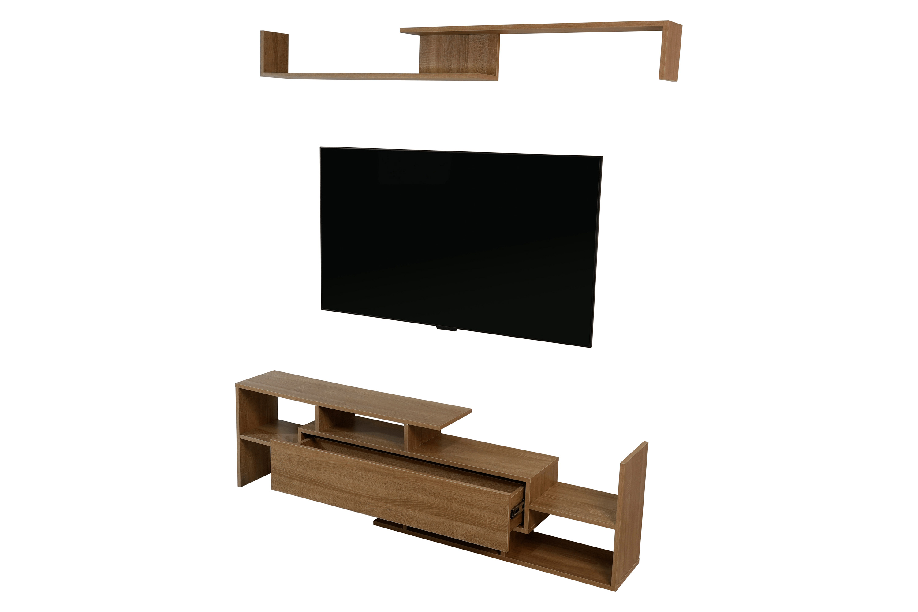 LeisureMod Surrey Modern TV Stand with MDF Shelves and Bookcase - Oak Wood