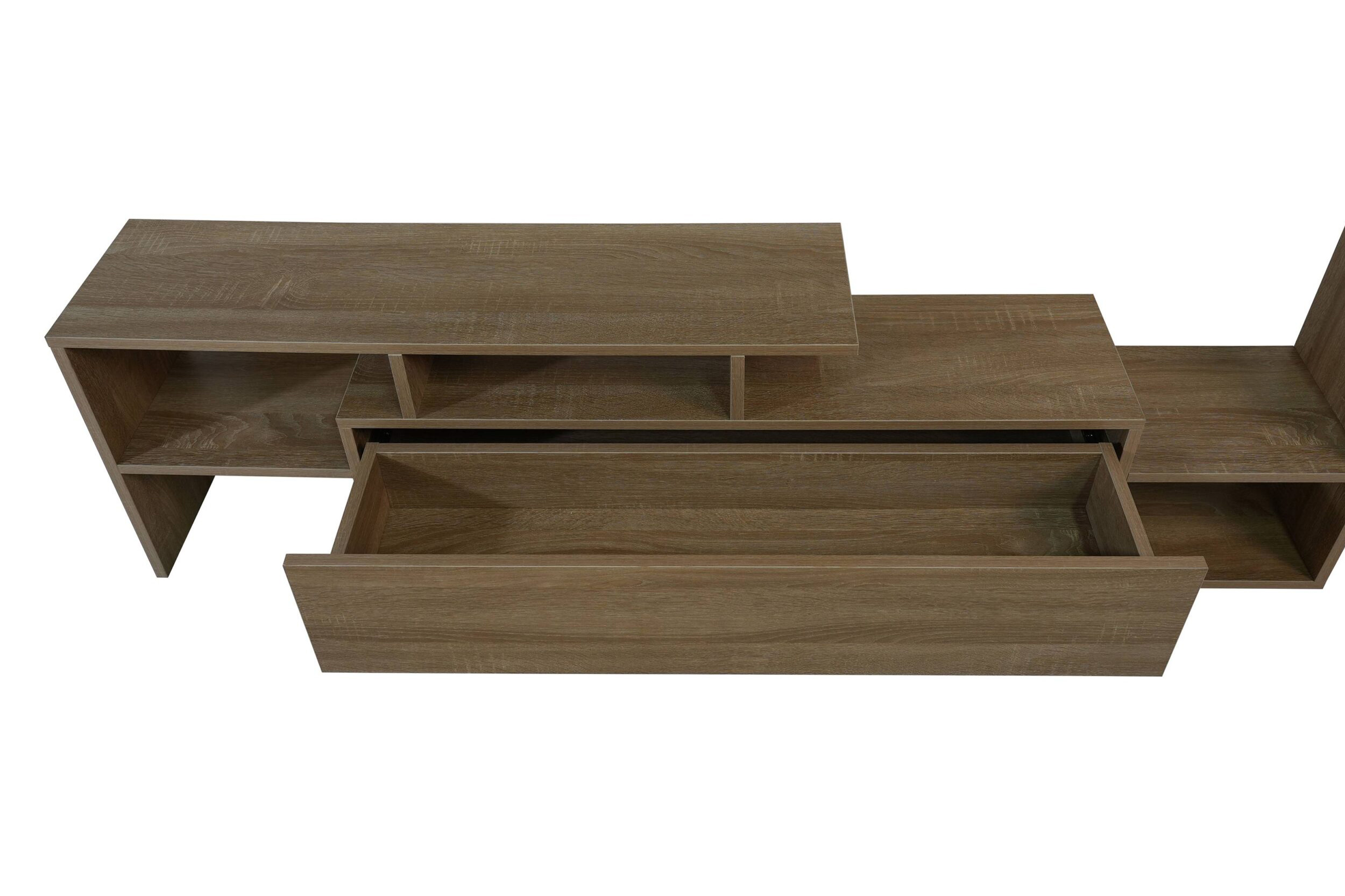 LeisureMod Surrey Modern TV Stand with MDF Shelves and Bookcase - Oak Wood