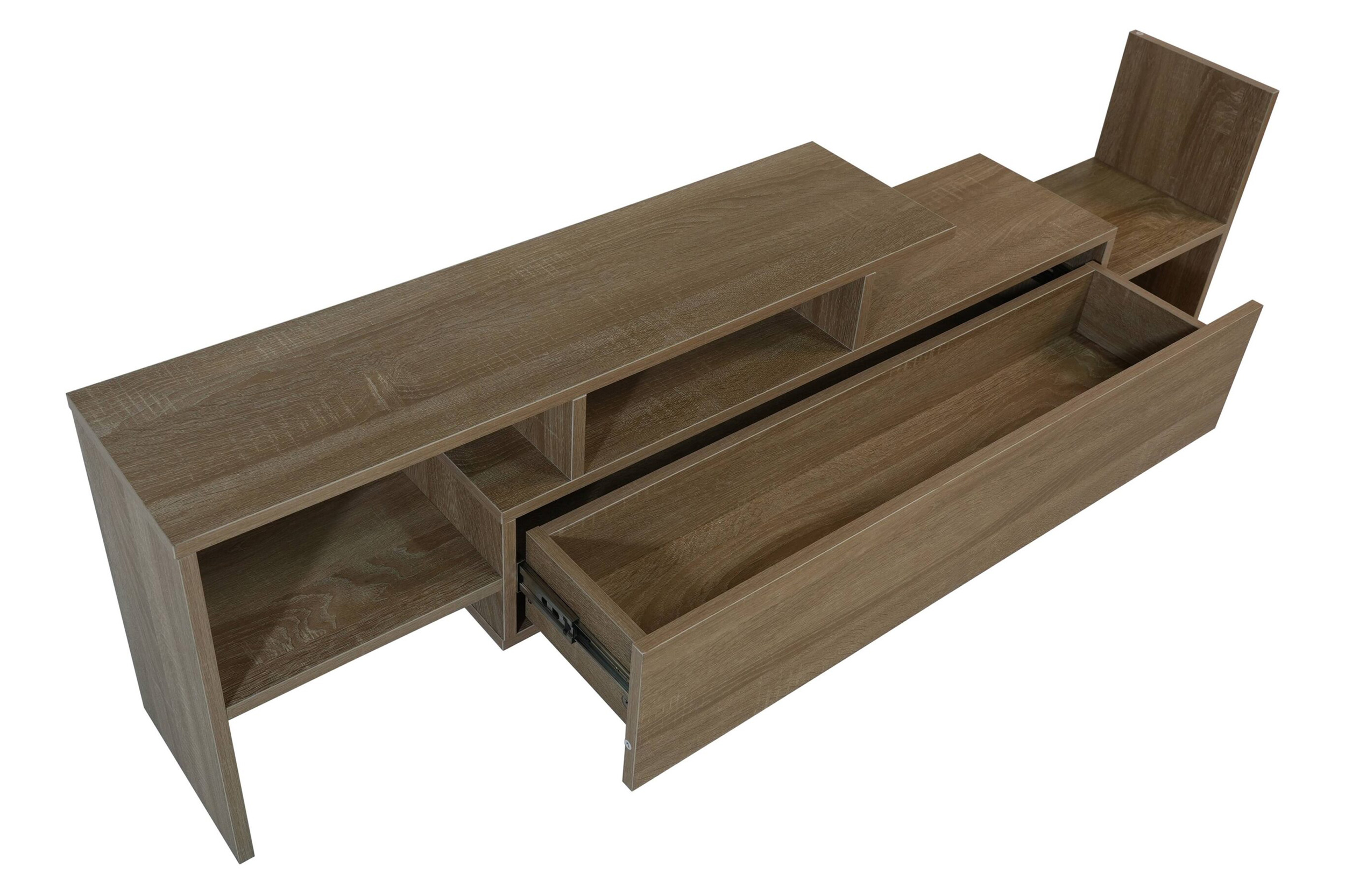 LeisureMod Surrey Modern TV Stand with MDF Shelves and Bookcase - Oak Wood