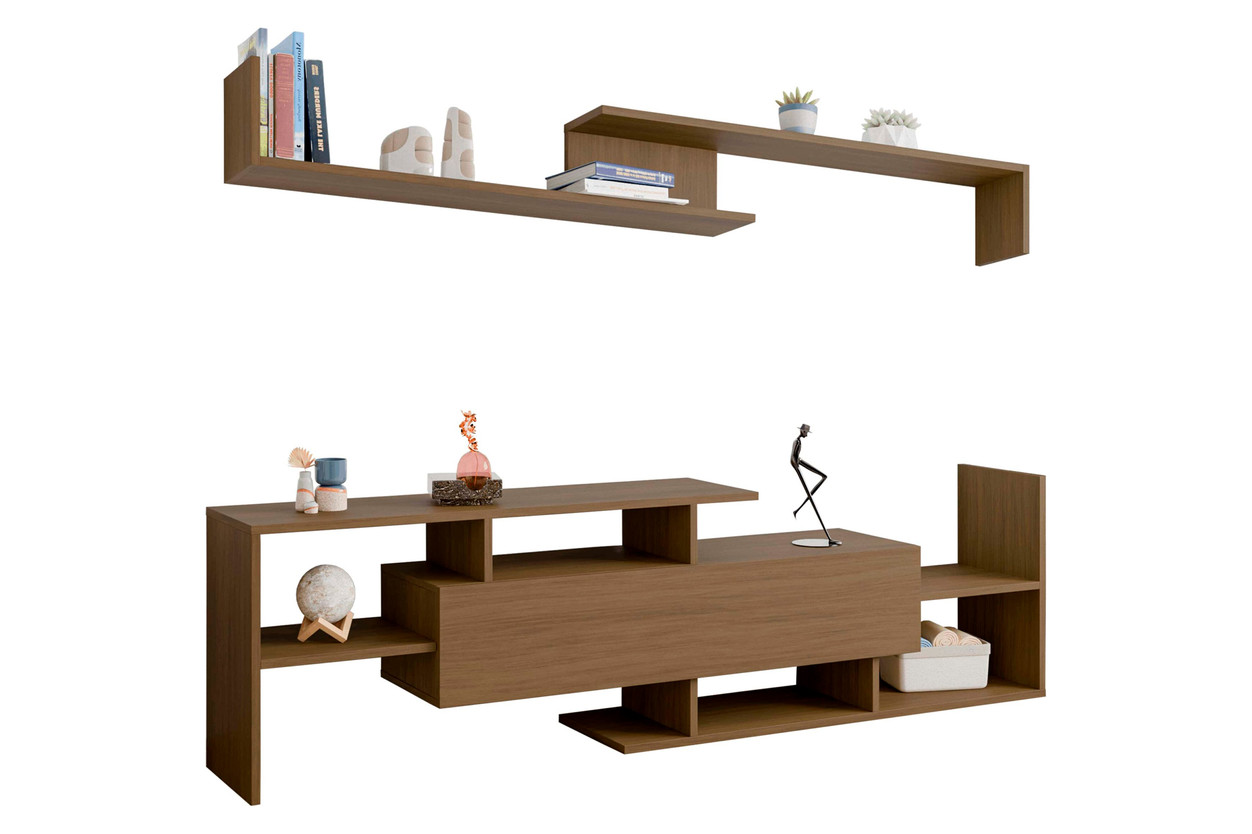 LeisureMod Surrey Modern TV Stand with MDF Shelves and Bookcase - Oak Wood