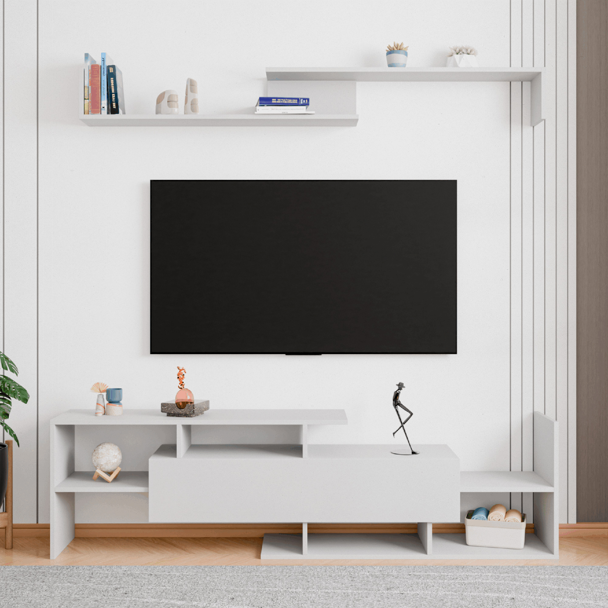 LeisureMod Surrey Modern TV Stand with MDF Shelves and Bookcase - White