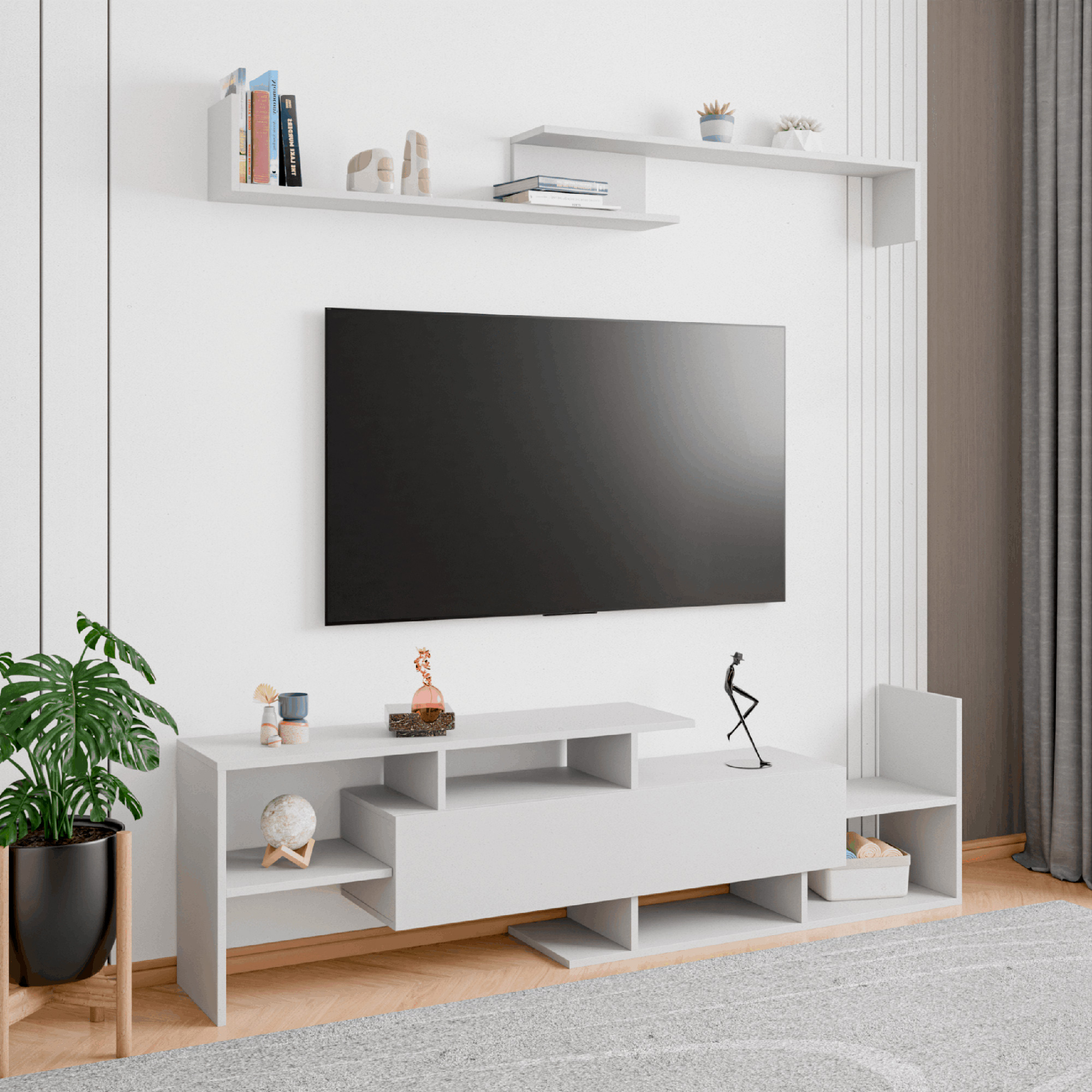 LeisureMod Surrey Modern TV Stand with MDF Shelves and Bookcase - White