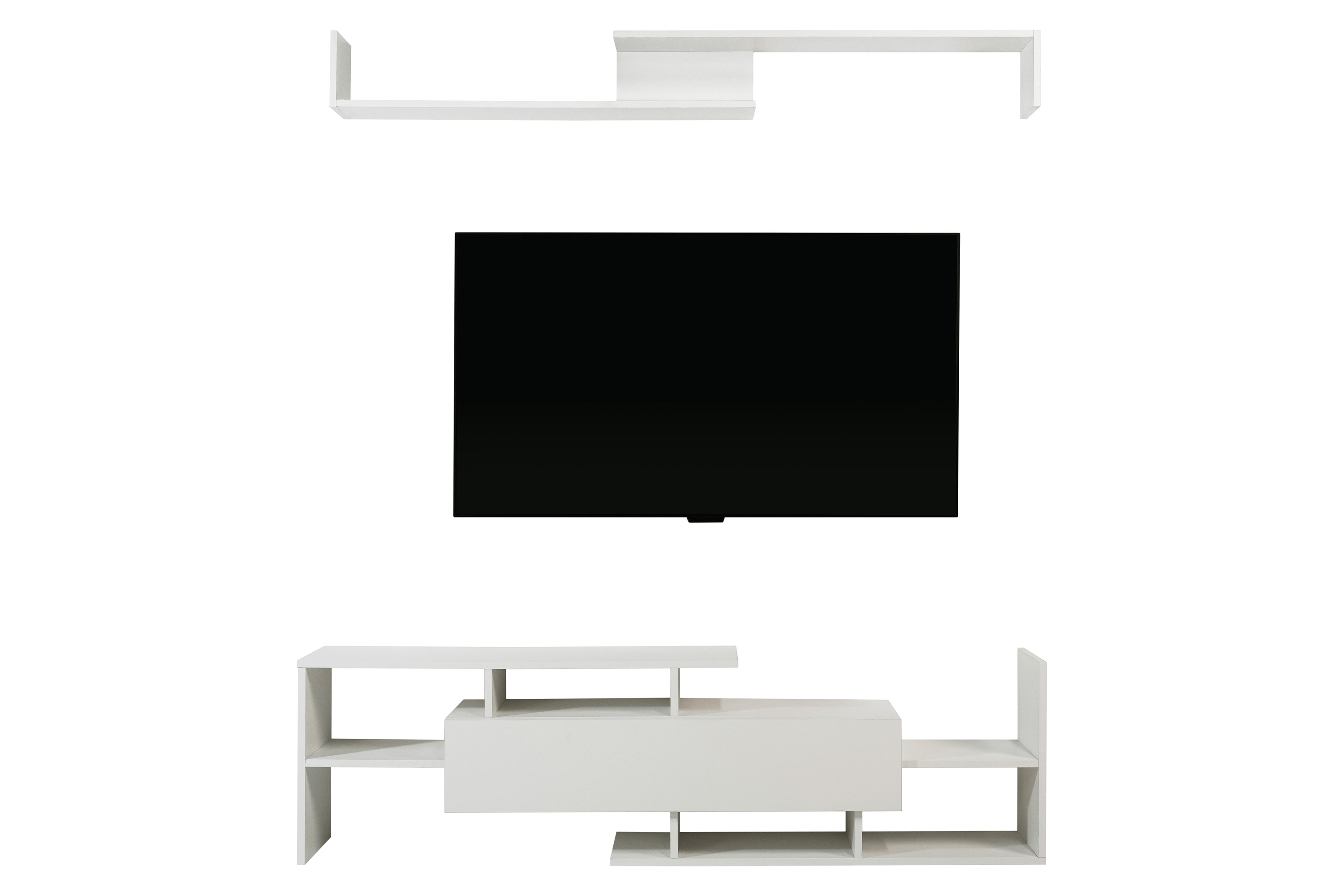 LeisureMod Surrey Modern TV Stand with MDF Shelves and Bookcase - White