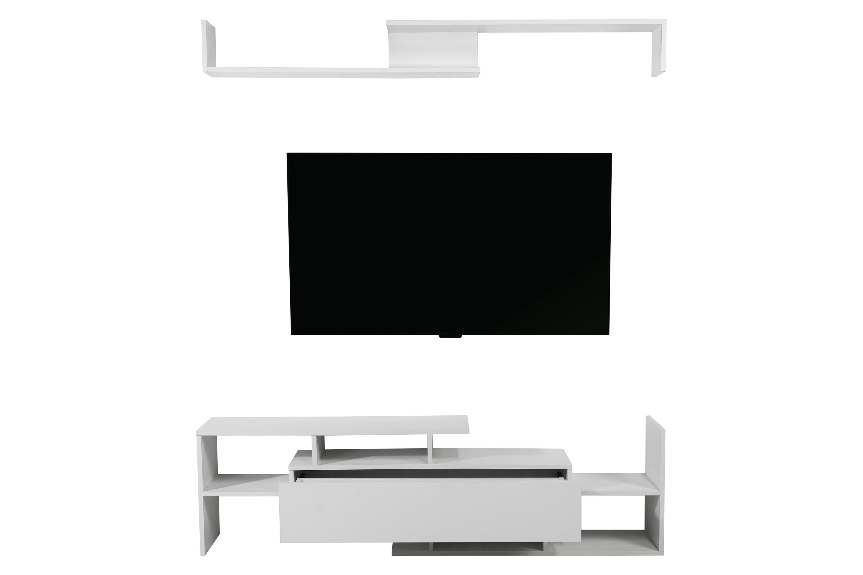 LeisureMod Surrey Modern TV Stand with MDF Shelves and Bookcase - White