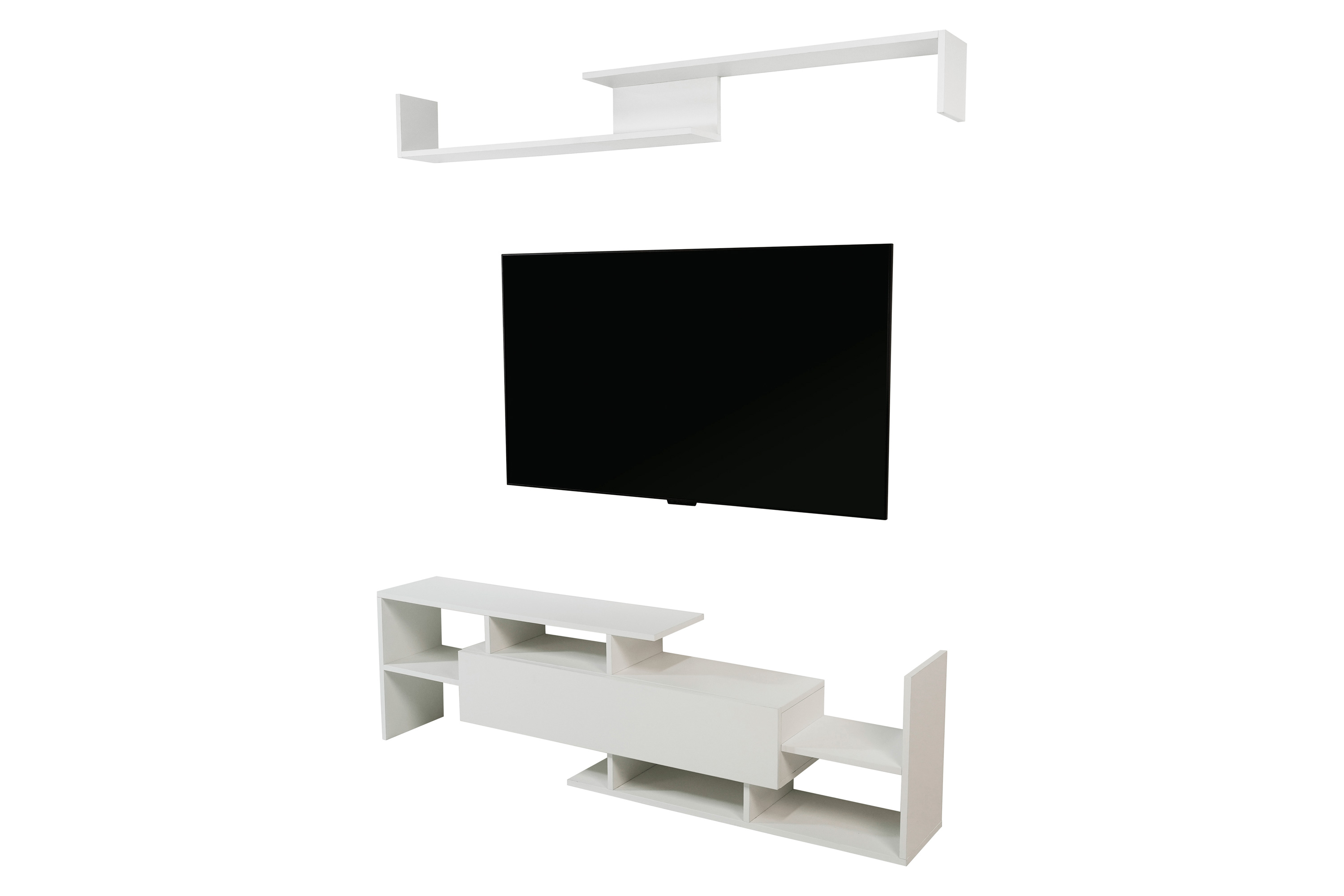 LeisureMod Surrey Modern TV Stand with MDF Shelves and Bookcase - White