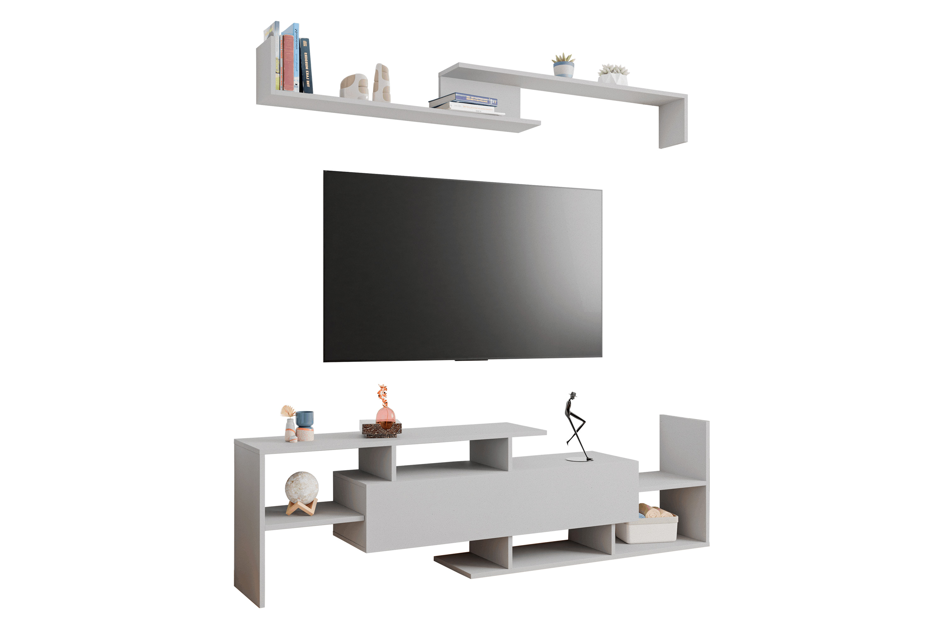 LeisureMod Surrey Modern TV Stand with MDF Shelves and Bookcase - White