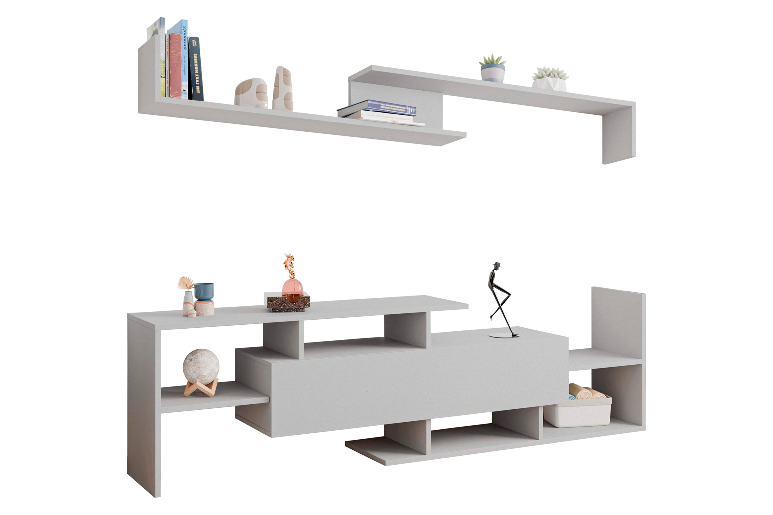 LeisureMod Surrey Modern TV Stand with MDF Shelves and Bookcase - White