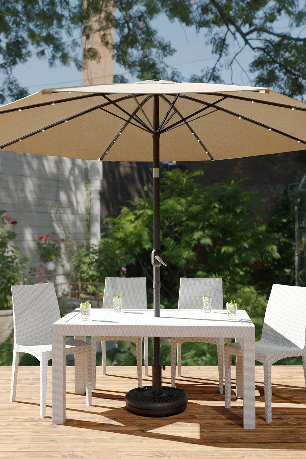 LeisureMod Sierra 9" Outdoor Patio Tilt Market Umbrella with Solar Led Lights - Beige