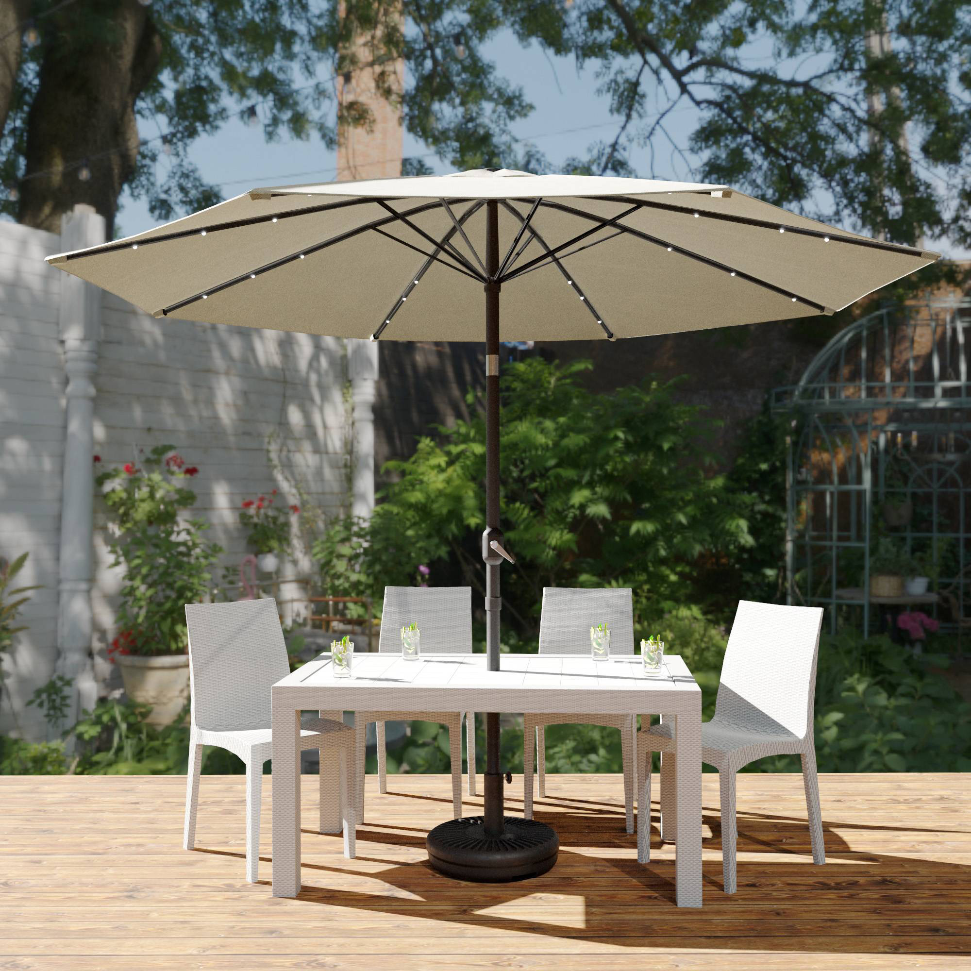 LeisureMod Sierra 9" Outdoor Patio Tilt Market Umbrella with Solar Led Lights - Cream