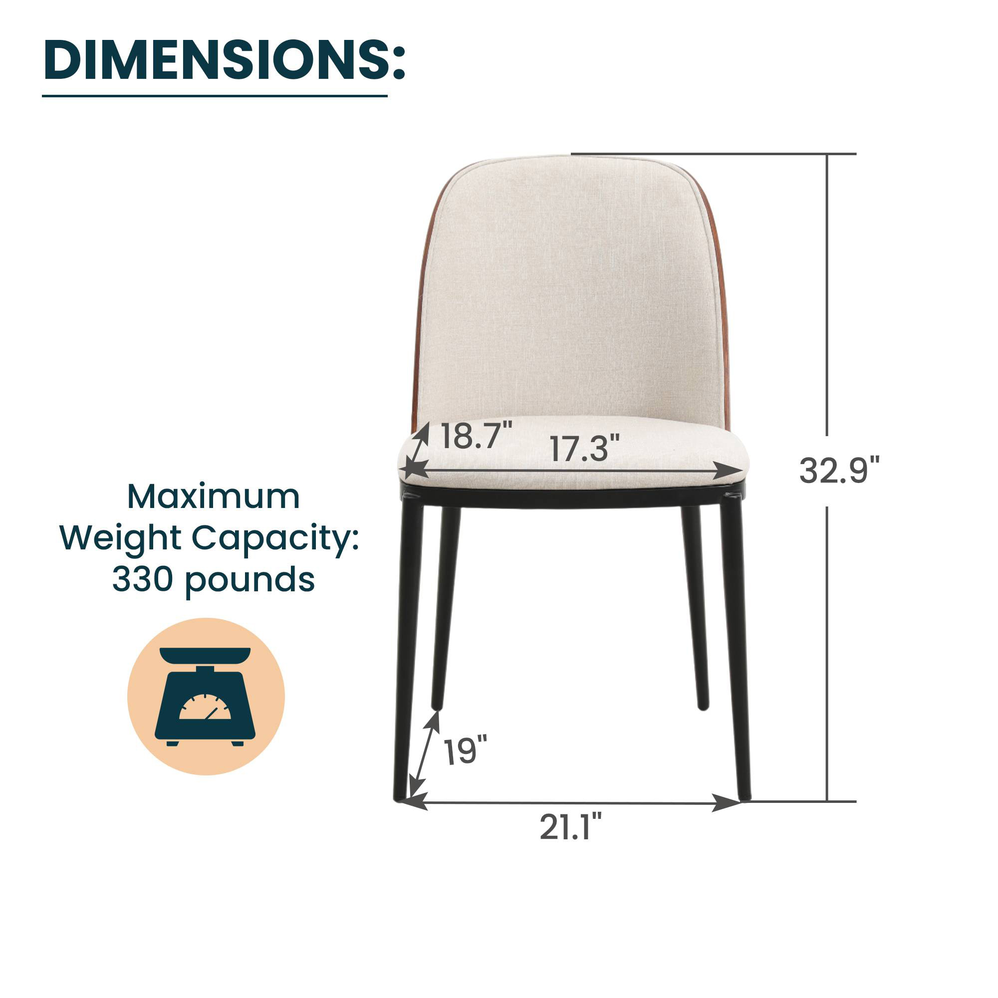 LeisureMod Tule Mid-Century Modern Dining Side Chair with Powder-Coated Steel Frame - Walnut/Beige