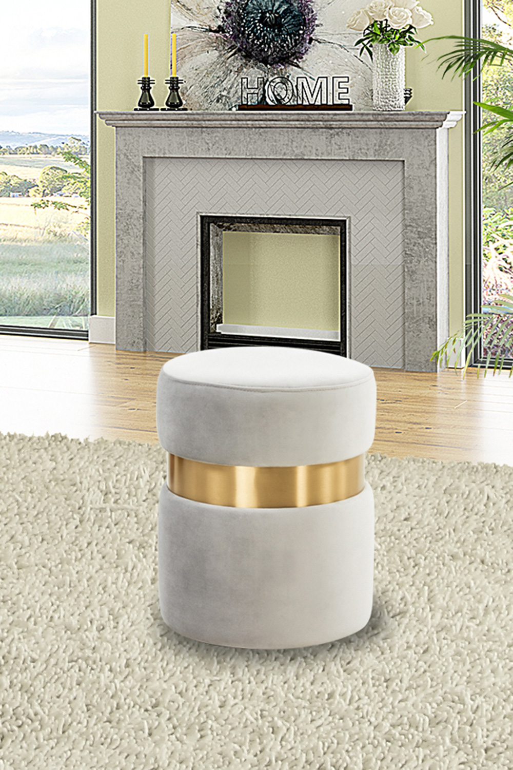 LeisureMod™ Troy 146" Round Velvet Ottoman - Light Gray