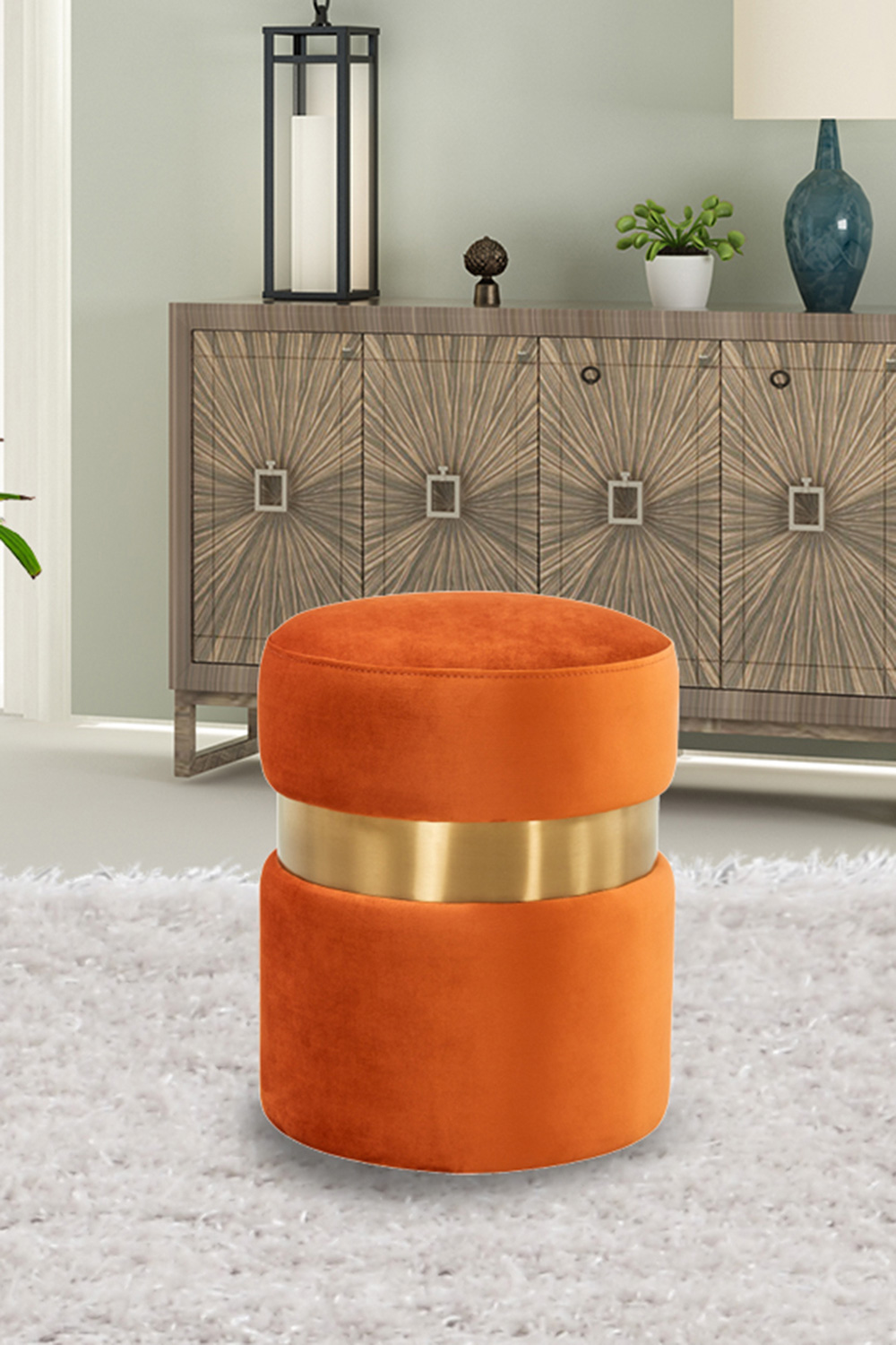 LeisureMod™ Troy 146" Round Velvet Ottoman - Orange/Marmalade