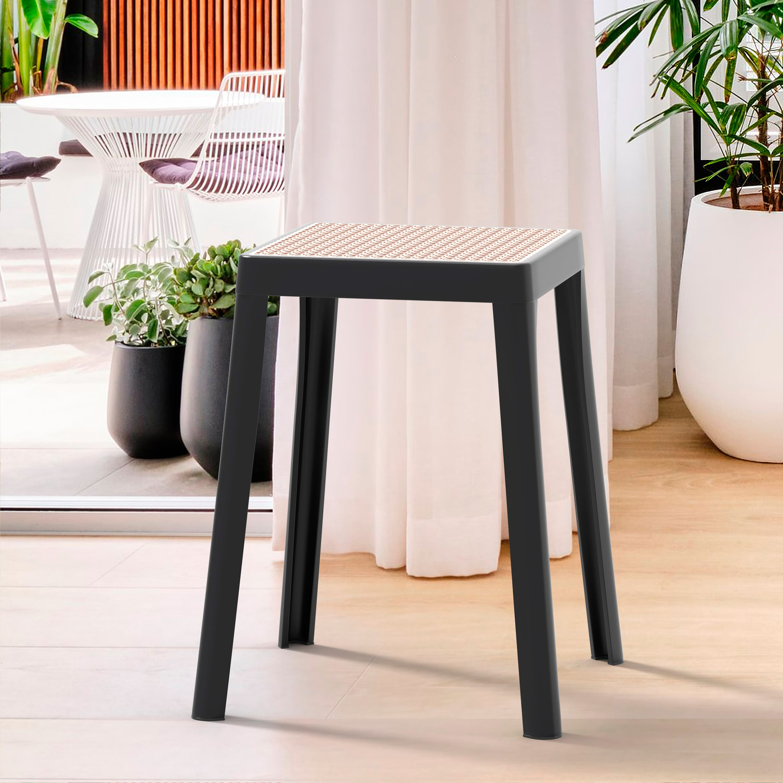 LeisureMod Tresse Mid-Century Modern Stackable Square Plastic Dining Stool with Wicker Top - Black