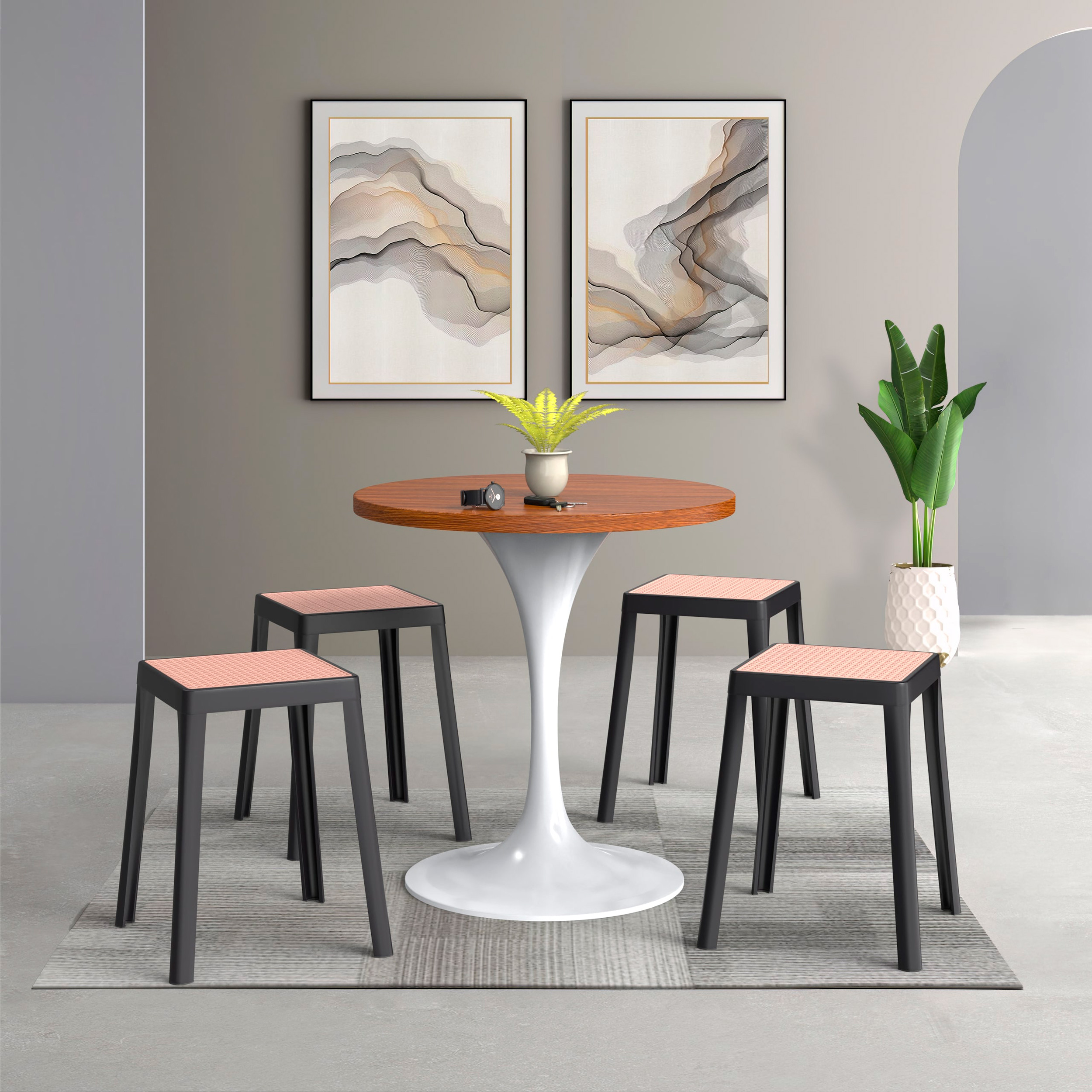 LeisureMod Tresse Mid-Century Modern Stackable Square Plastic Dining Stool with Wicker Top - Black