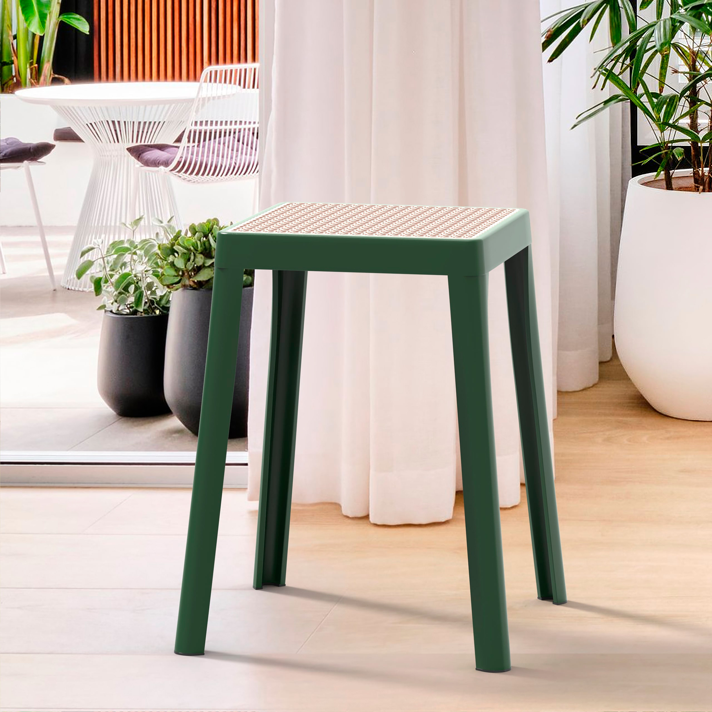 LeisureMod Tresse Mid-Century Modern Stackable Square Plastic Dining Stool with Wicker Top - Green