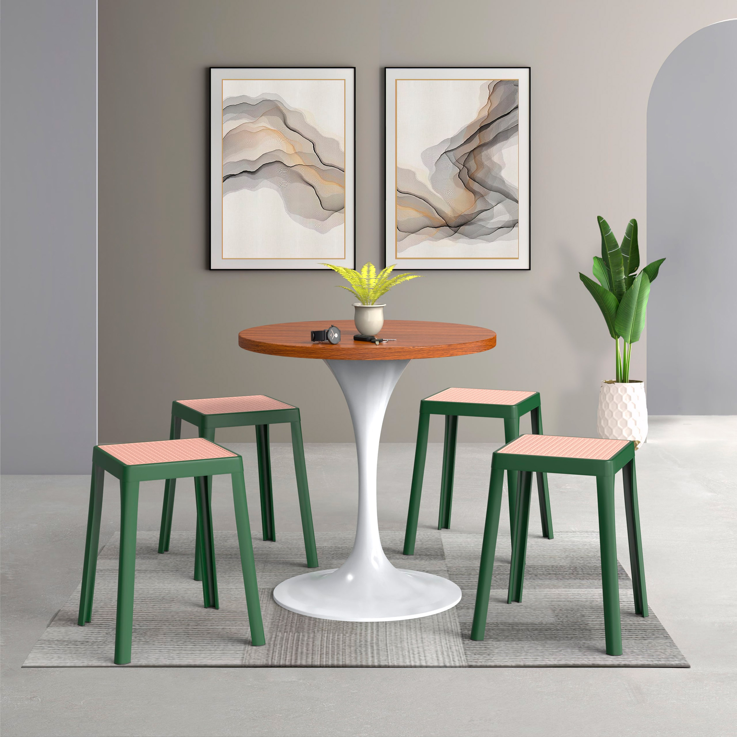 LeisureMod Tresse Mid-Century Modern Stackable Square Plastic Dining Stool with Wicker Top - Green