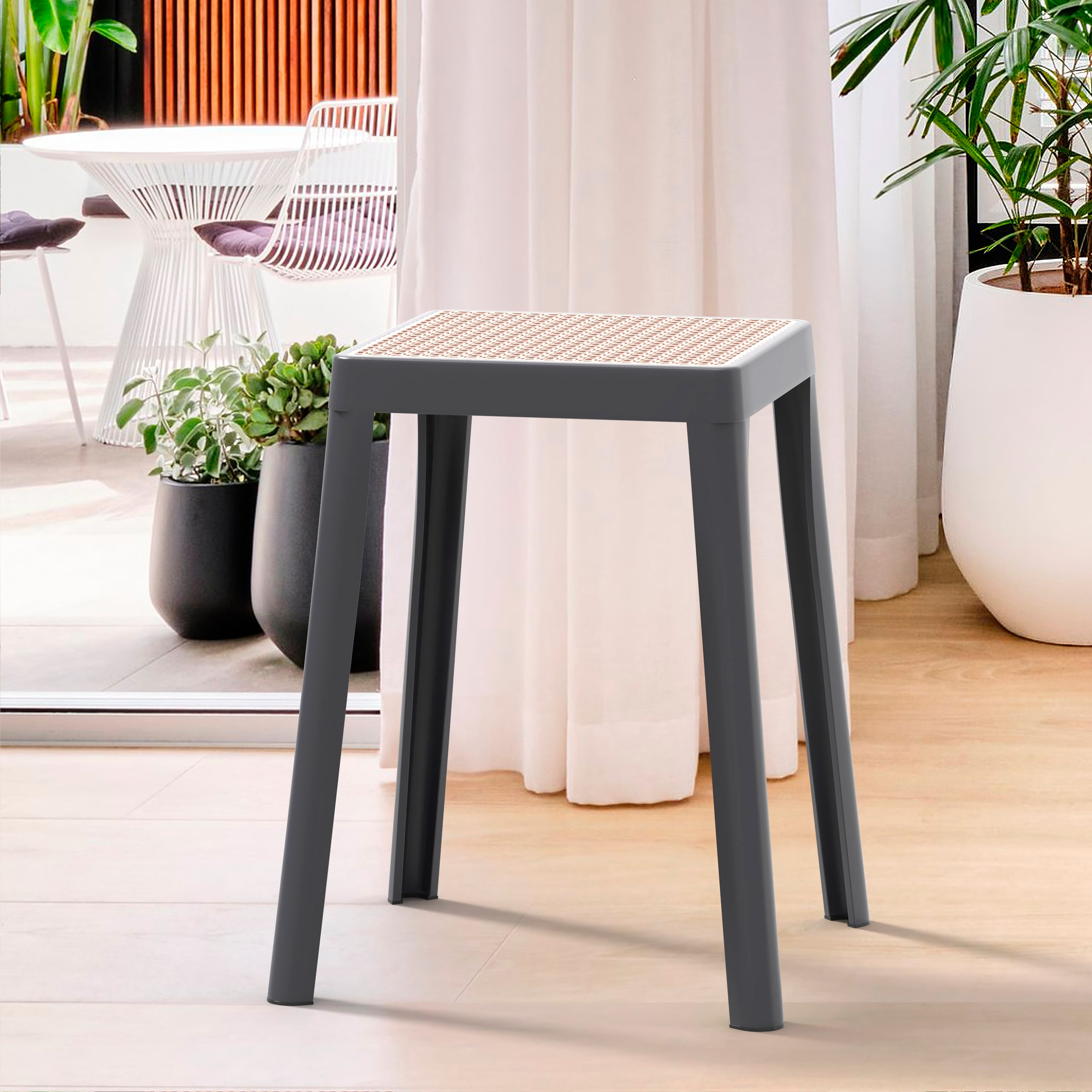 LeisureMod Tresse Mid-Century Modern Stackable Square Plastic Dining Stool with Wicker Top - Gray