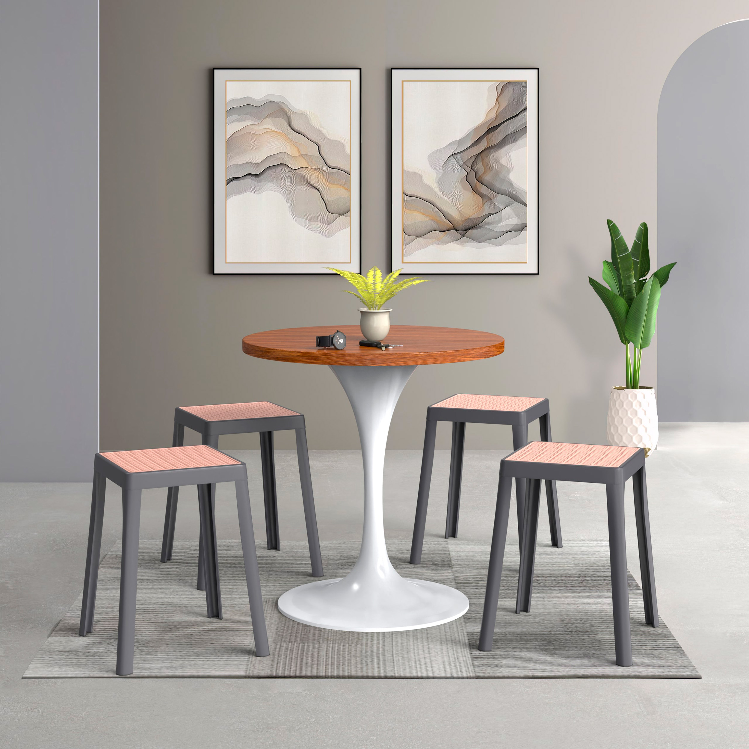 LeisureMod Tresse Mid-Century Modern Stackable Square Plastic Dining Stool with Wicker Top - Gray