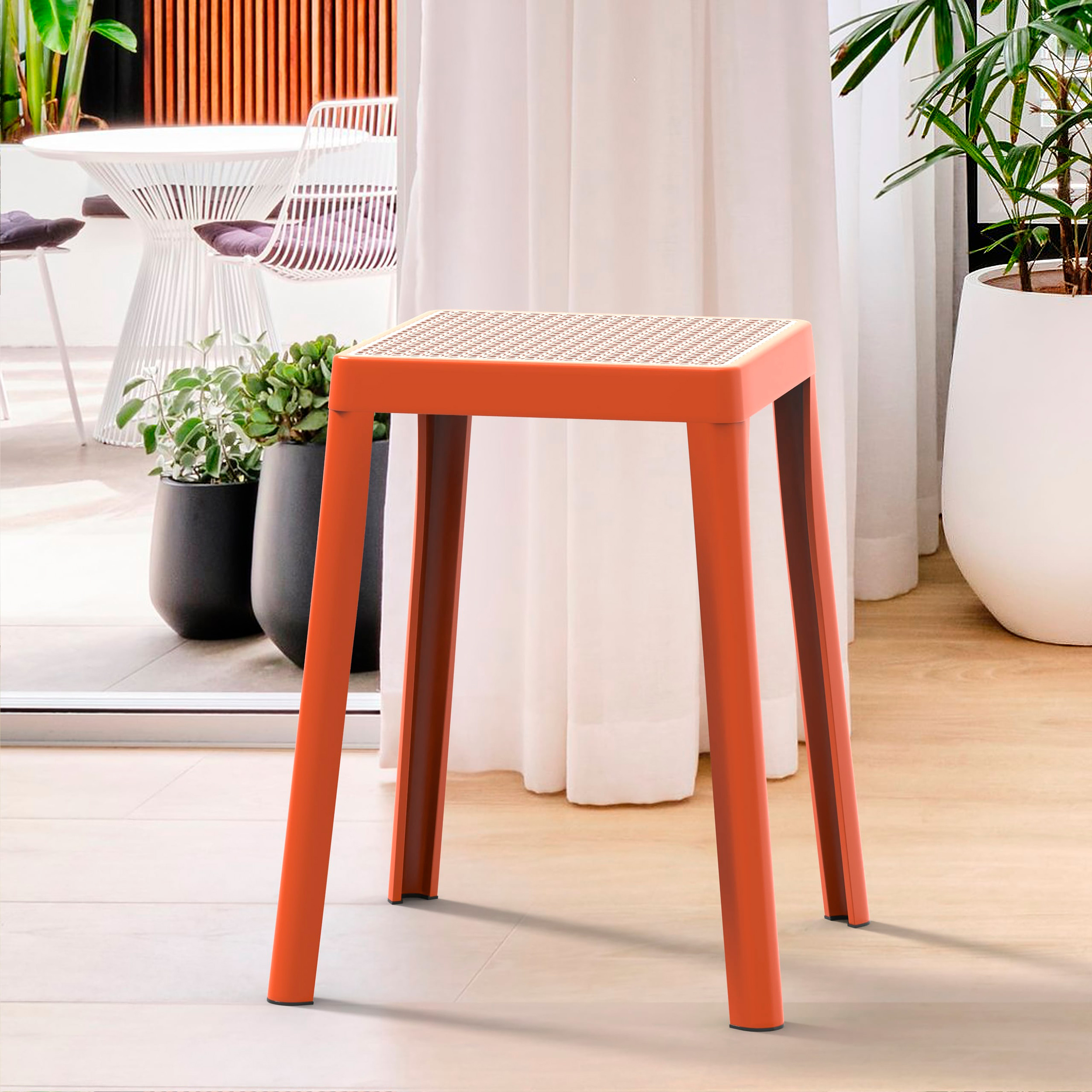 LeisureMod Tresse Mid-Century Modern Stackable Square Plastic Dining Stool with Wicker Top - Orange