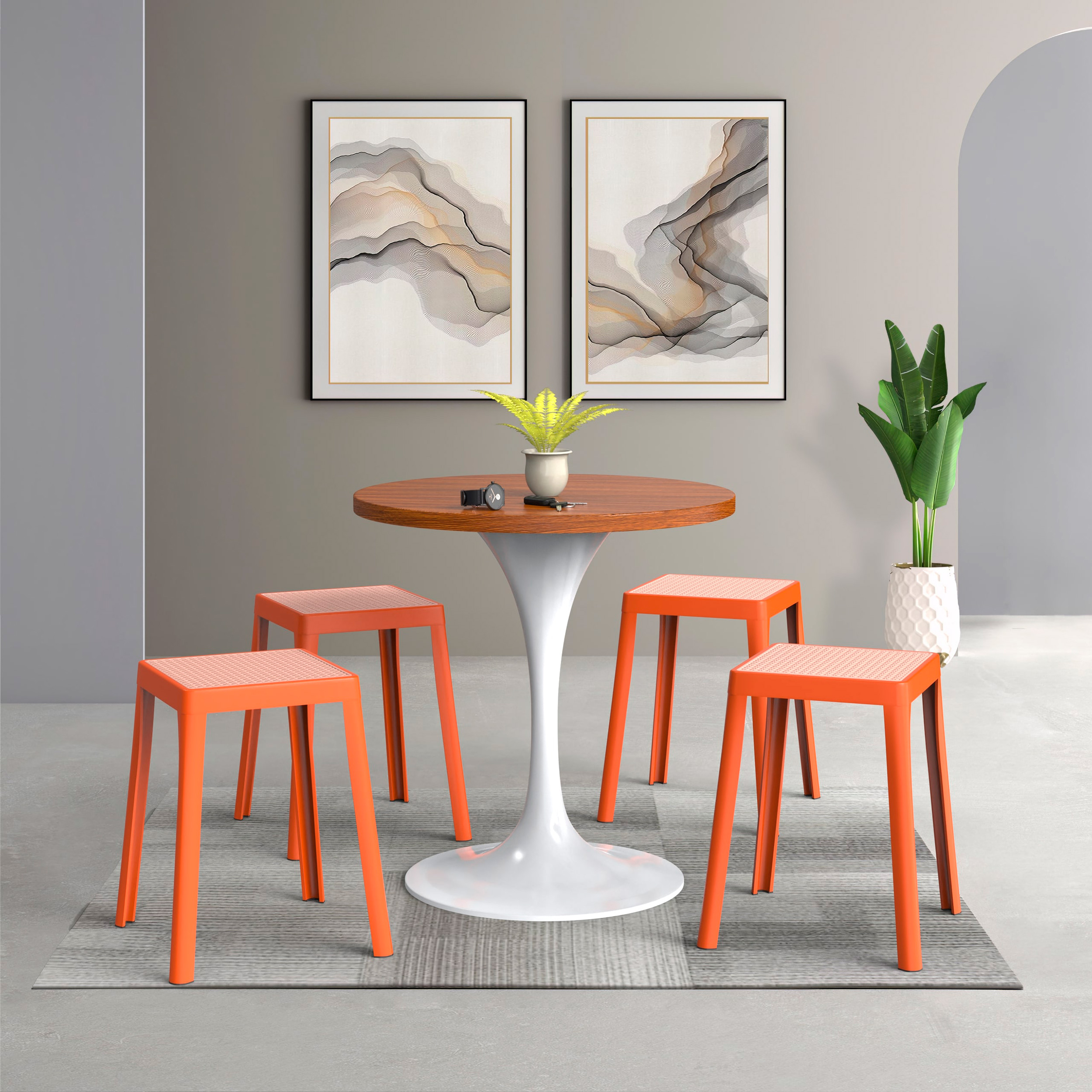 LeisureMod Tresse Mid-Century Modern Stackable Square Plastic Dining Stool with Wicker Top - Orange