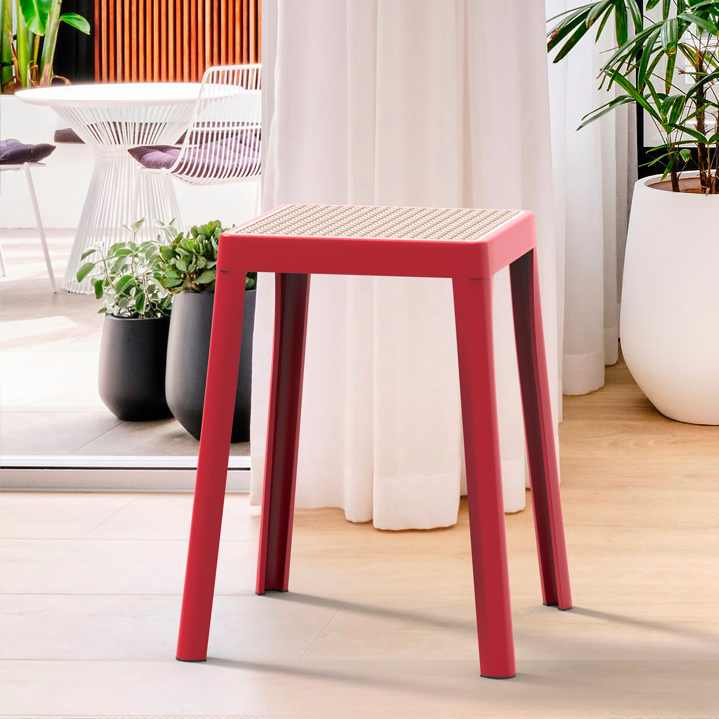 LeisureMod Tresse Mid-Century Modern Stackable Square Plastic Dining Stool with Wicker Top - Red