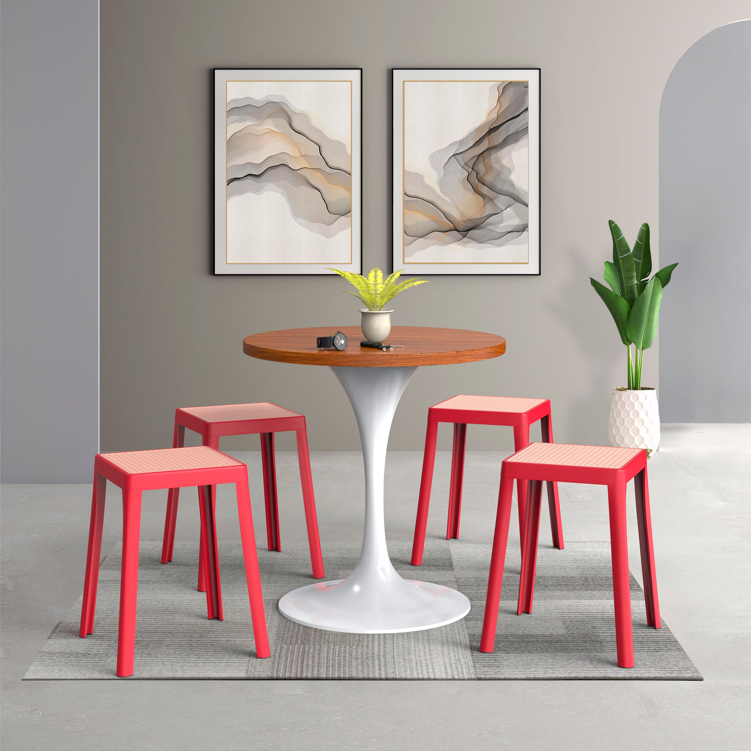 LeisureMod Tresse Mid-Century Modern Stackable Square Plastic Dining Stool with Wicker Top - Red