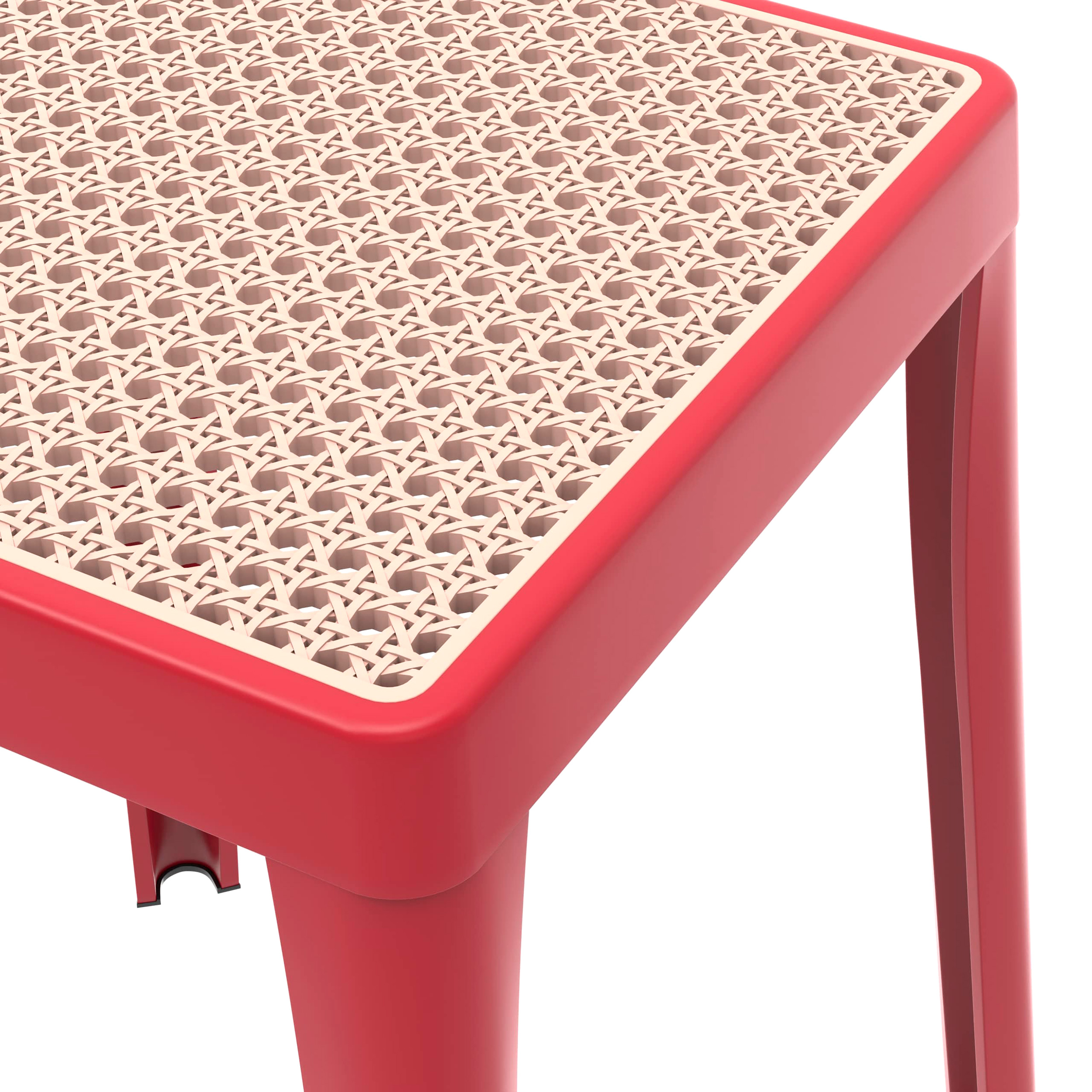 LeisureMod Tresse Mid-Century Modern Stackable Square Plastic Dining Stool with Wicker Top - Red