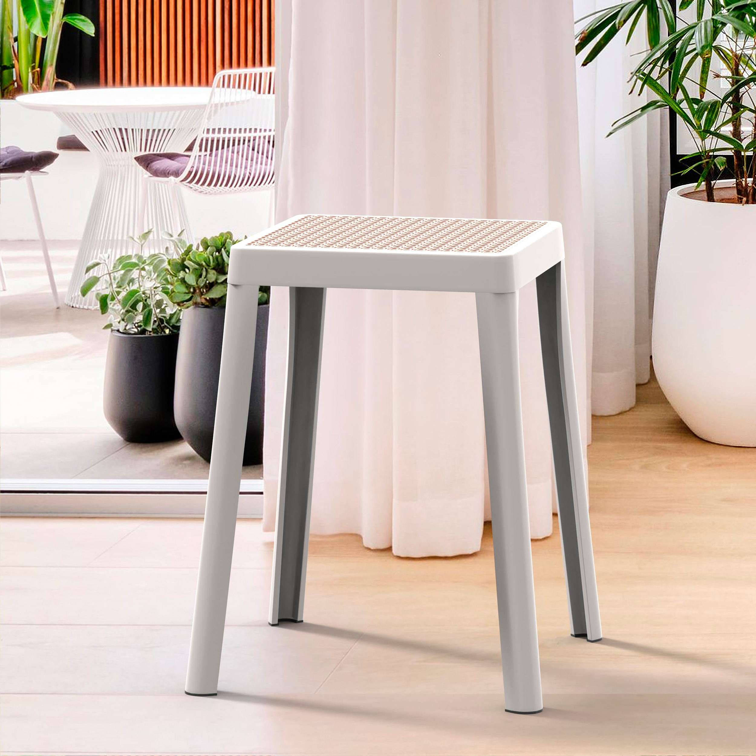 LeisureMod Tresse Mid-Century Modern Stackable Square Plastic Dining Stool with Wicker Top - White