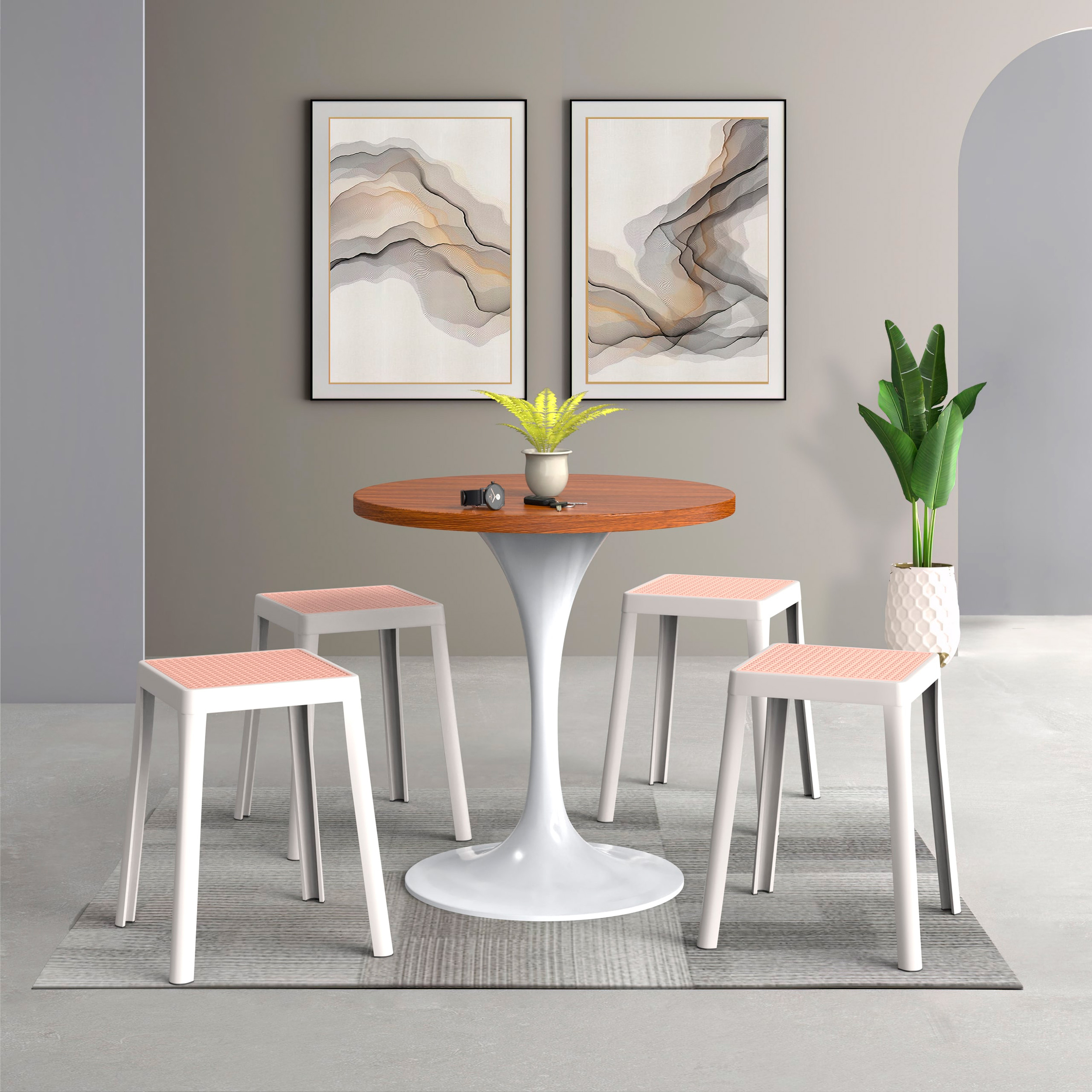 LeisureMod Tresse Mid-Century Modern Stackable Square Plastic Dining Stool with Wicker Top - White