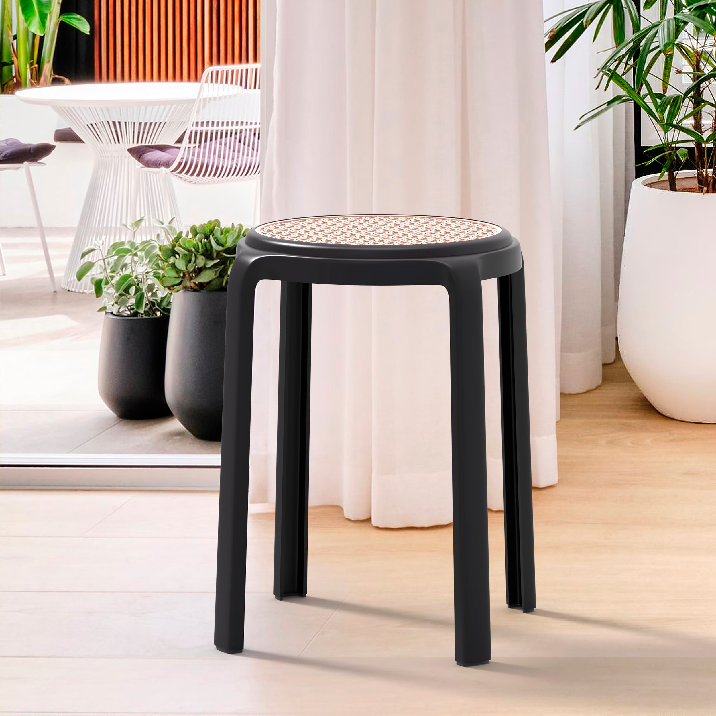 LeisureMod Tresse Mid-Century Modern Stackable Round Plastic Dining Stool - Black