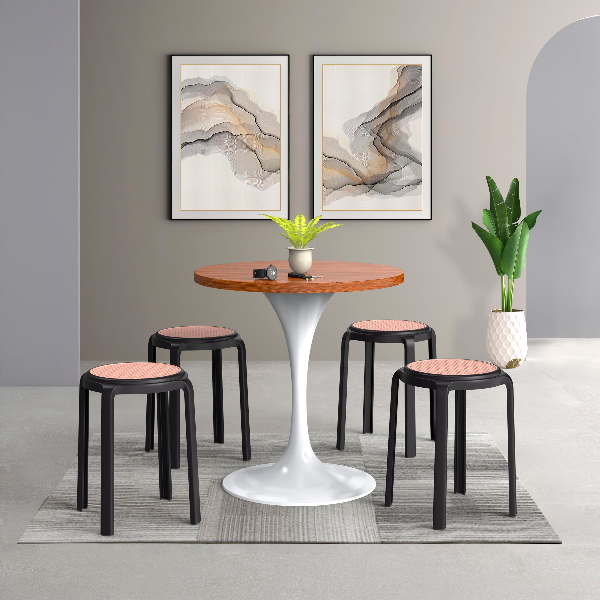 LeisureMod Tresse Mid-Century Modern Stackable Round Plastic Dining Stool - Black