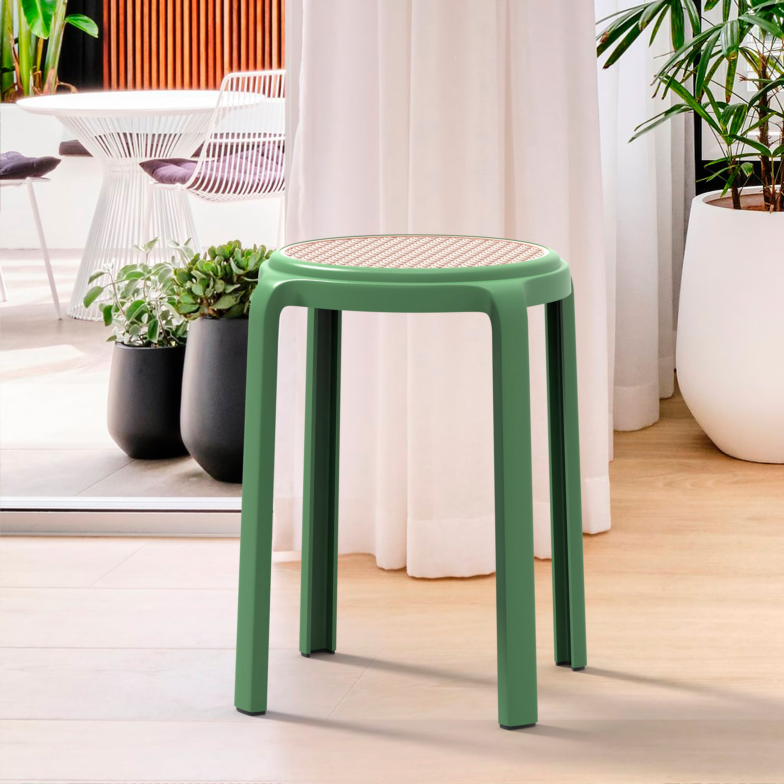 LeisureMod Tresse Mid-Century Modern Stackable Round Plastic Dining Stool - Green