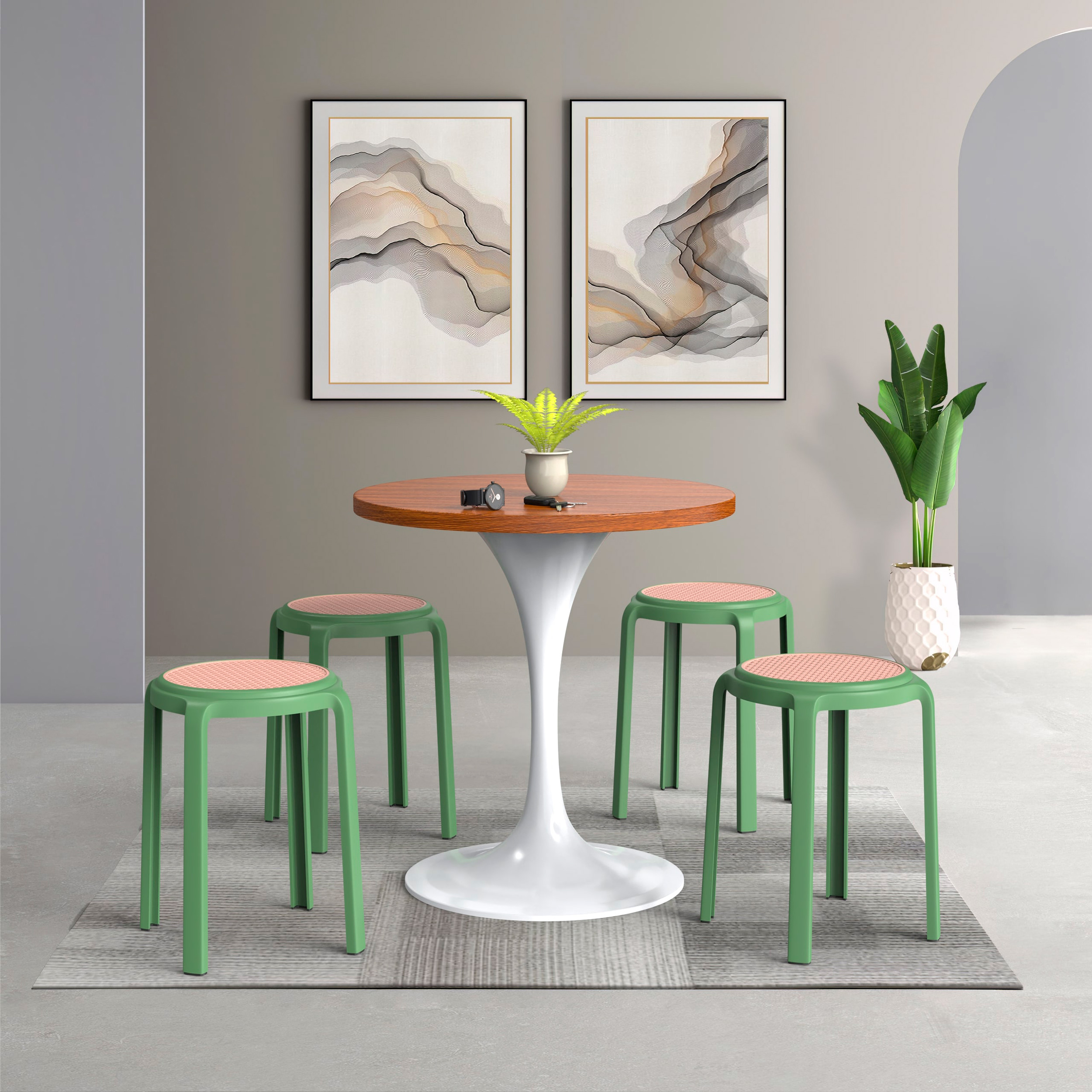 LeisureMod Tresse Mid-Century Modern Stackable Round Plastic Dining Stool - Green