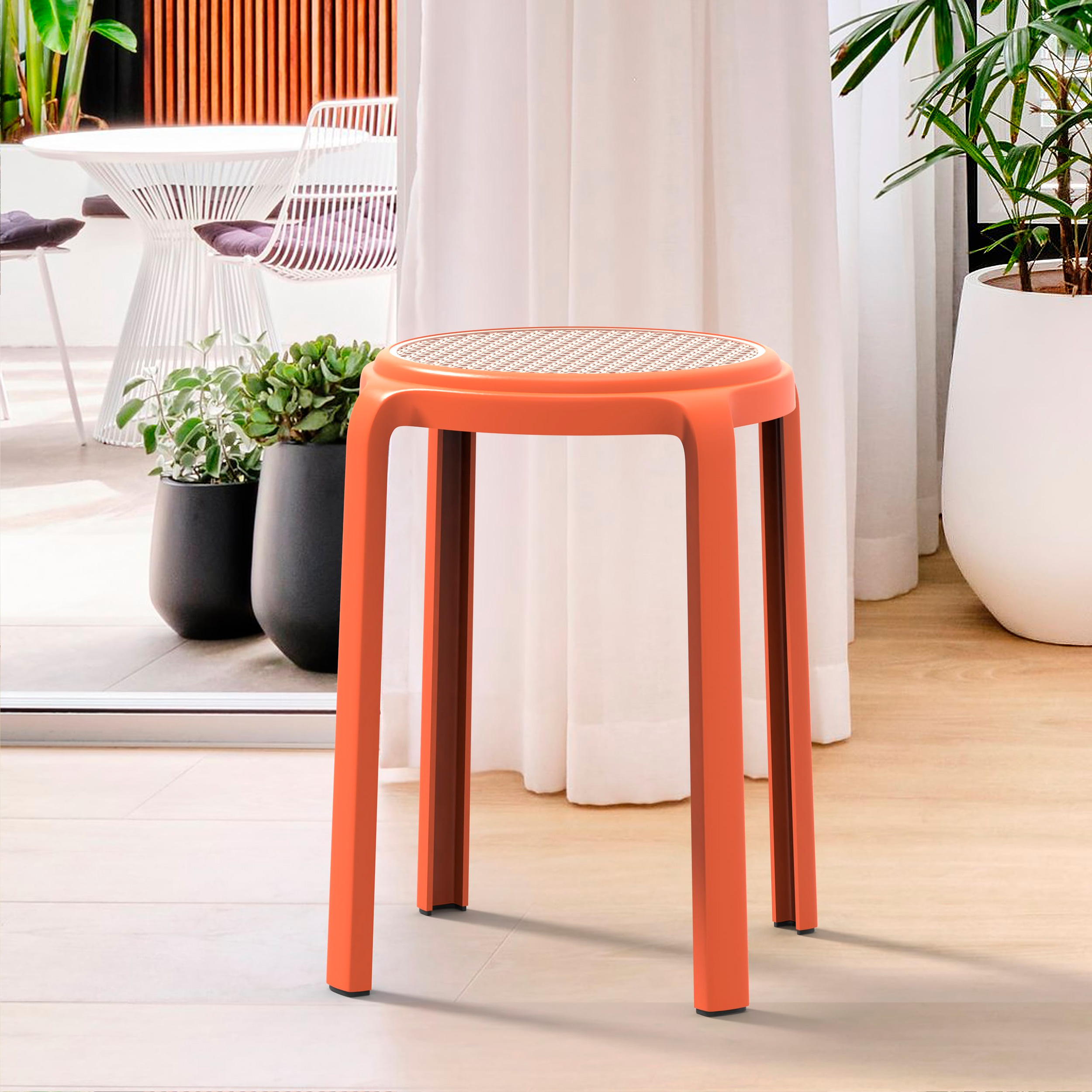 LeisureMod Tresse Mid-Century Modern Stackable Round Plastic Dining Stool - Orange