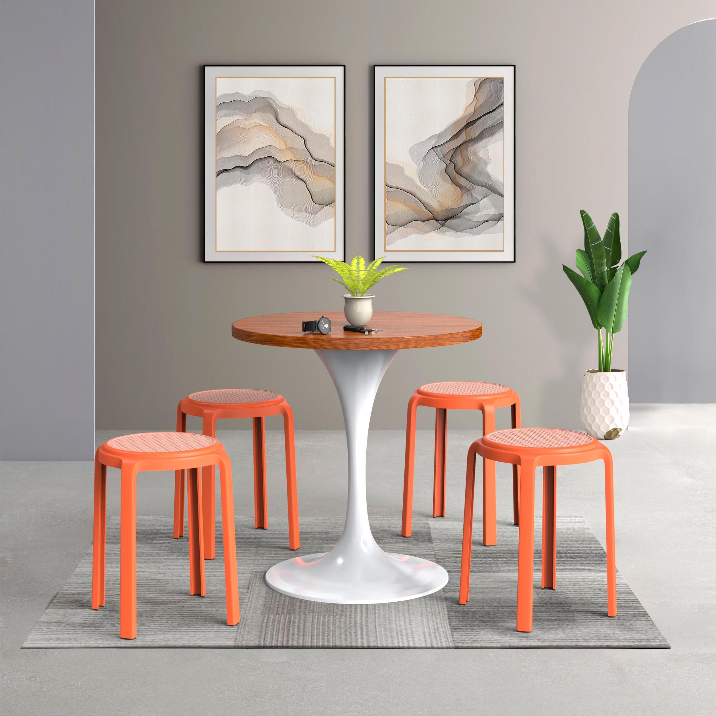 LeisureMod Tresse Mid-Century Modern Stackable Round Plastic Dining Stool - Orange